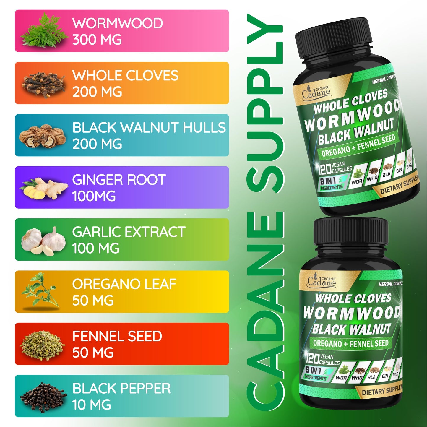 Organic Cadane Wormwood Whole Cloves Black Walnut with Ginger, Garlic, Oregano, Fennel & Black Pepper Digestive & Wellness Support 120 Capsules