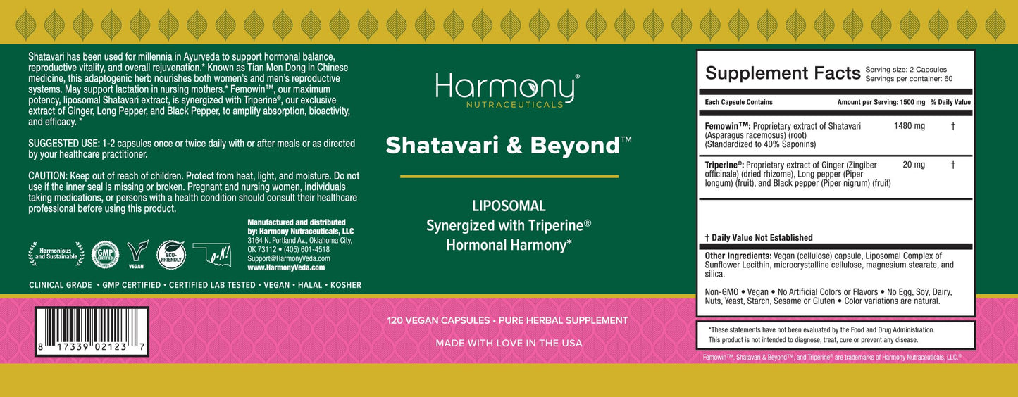 Harmony Nutraceuticals Shatavari & Beyond Liposomal Extract with Triperine Capsules 120