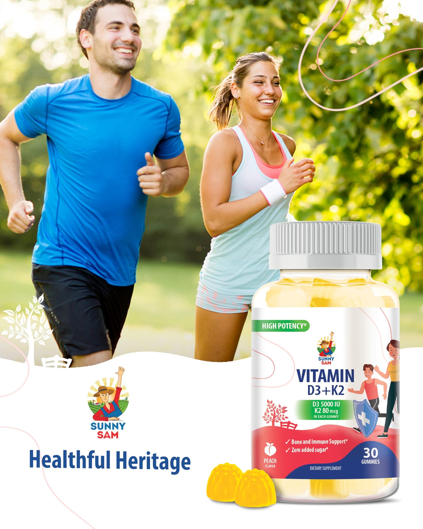 SUNNY SAM Sugar-Free Vitamin D3 K2 Gummies 5000 IU Immune & Bone Support - High-Absorption, Vegan, Halal, Gluten-Free Chewable - 30 Count