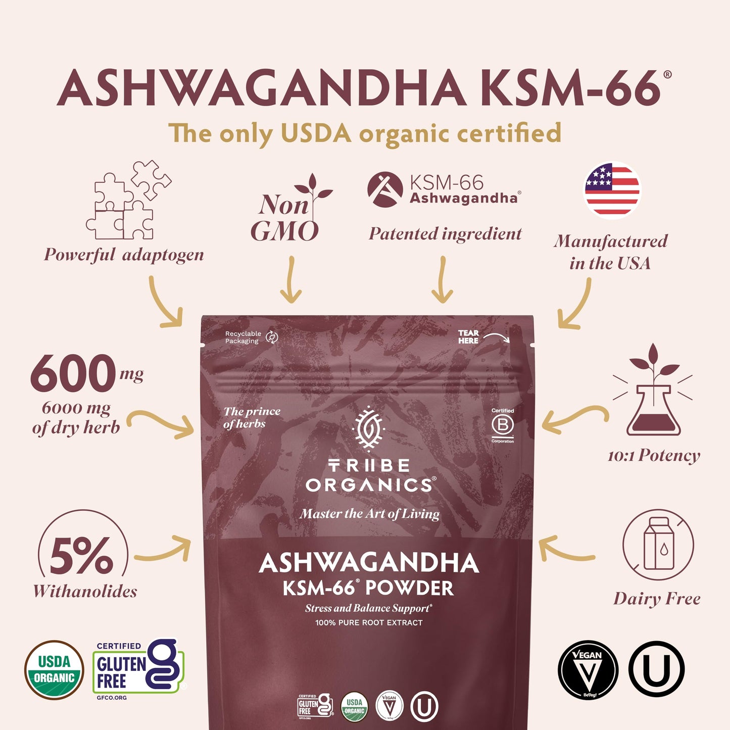 TRIBE ORGANICS KSM-66 Ashwagandha Root Extract Powder 3.53 Ounce
