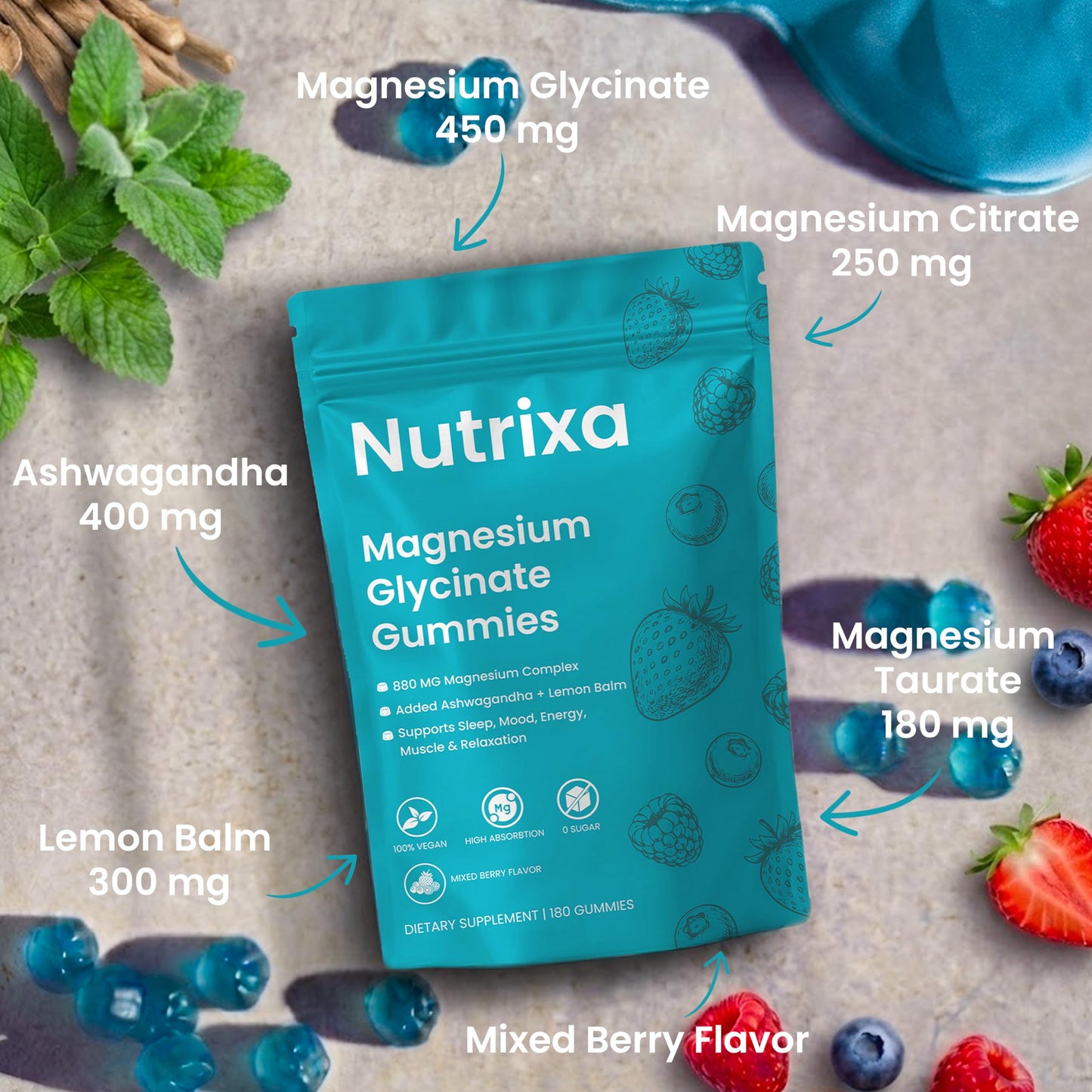 Nutrixa Magnesium Glycinate Gummies 880mg Magnesium Complex, 180 Count