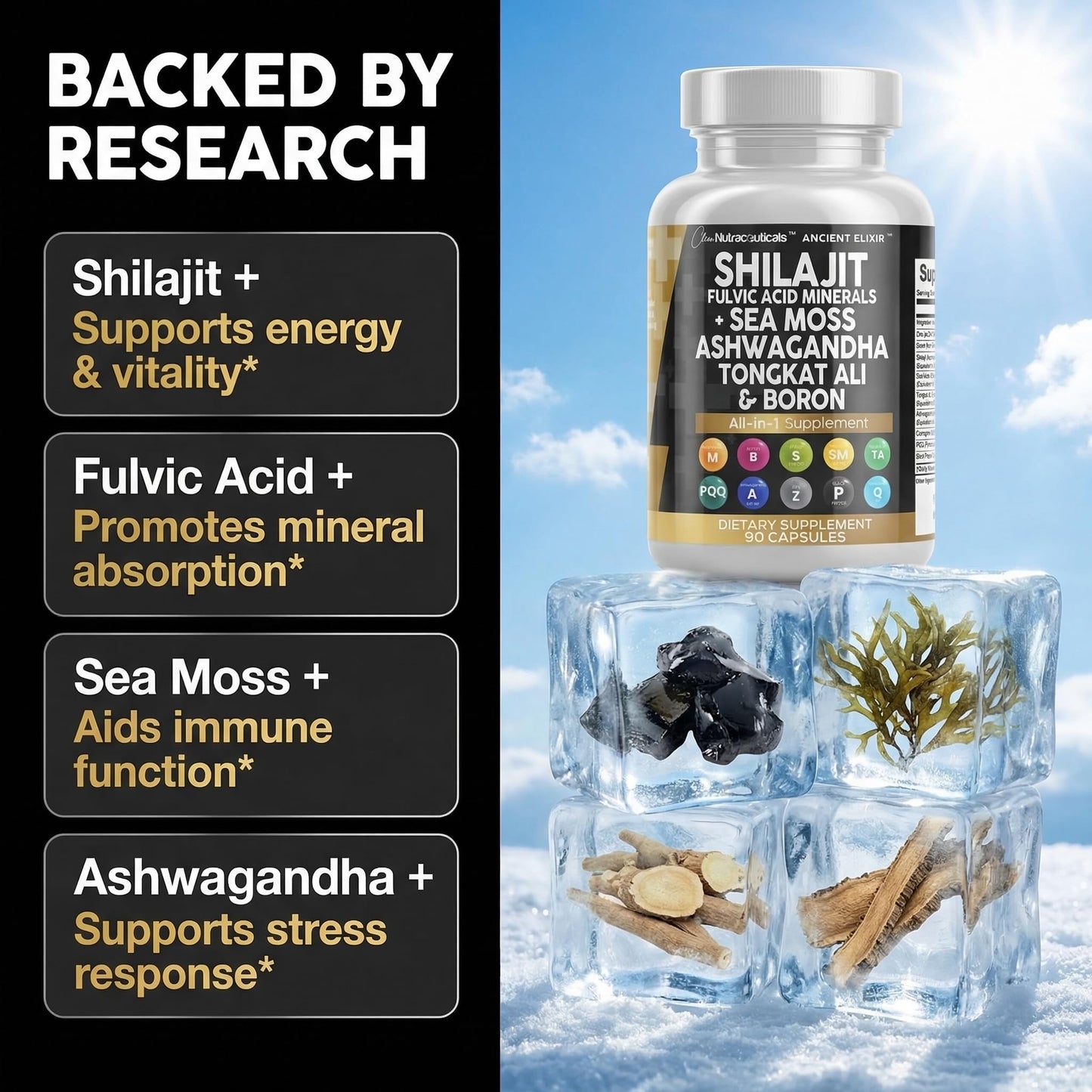 Clean Nutraceuticals Shilajit Supplement for Men with Sea Moss, Tongkat Ali, Ashwagandha, Boron, Zinc, CoQ10, PQQ - Fulvic Acid Capsules, 90 Count