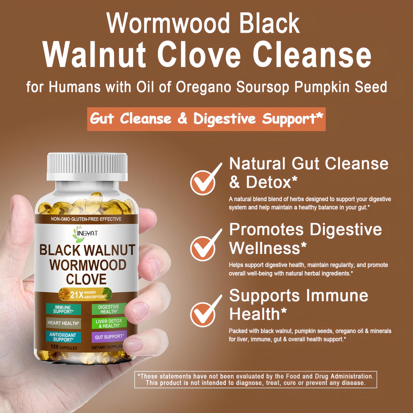 JINGYAT Wormwood Black Walnut Cleanse Softgels, 120 Count