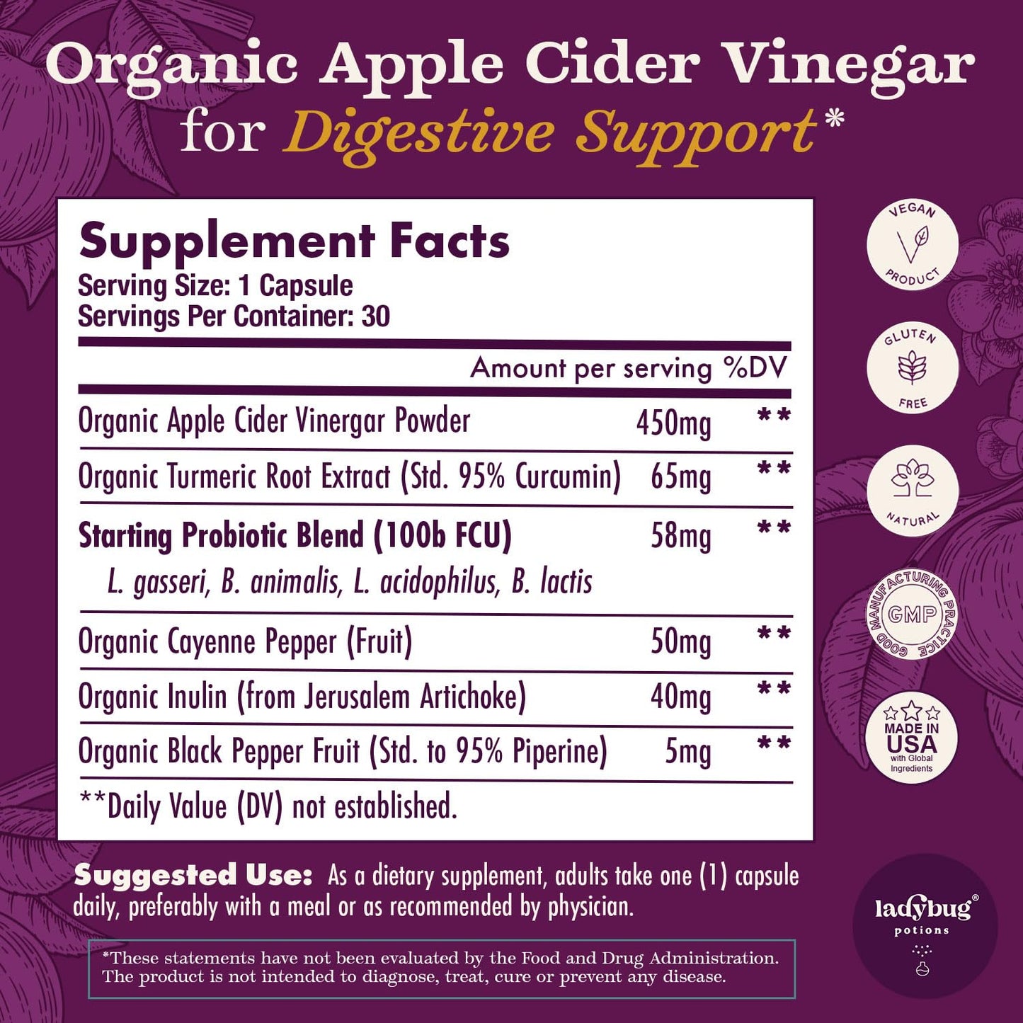 Ladybug Potions Organic Apple Cider Vinegar Capsules, 60 Count