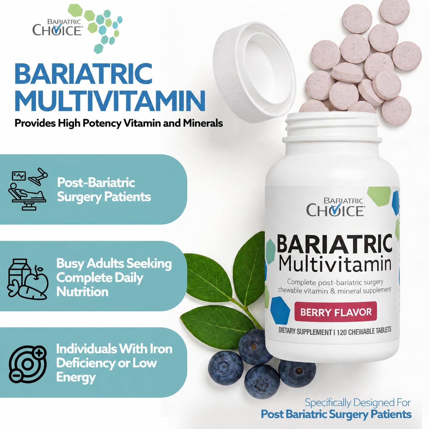 Bariatric Choice My Bariatric Multivitamin with Iron & 300mg Calcium Tablet 120 Count Berry
