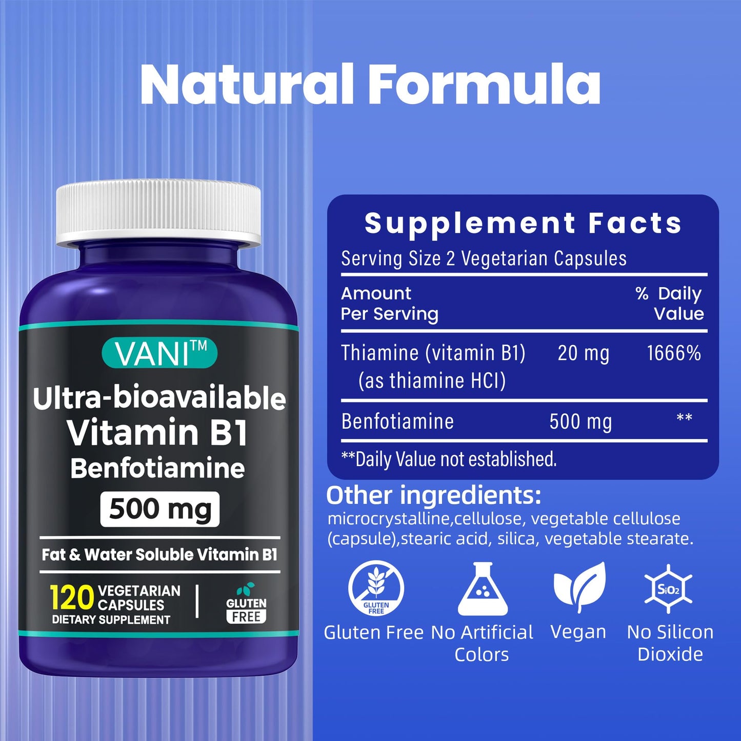 VANI Vitamin B1 with Benfotiamine 500mg Capsules, 120 Count