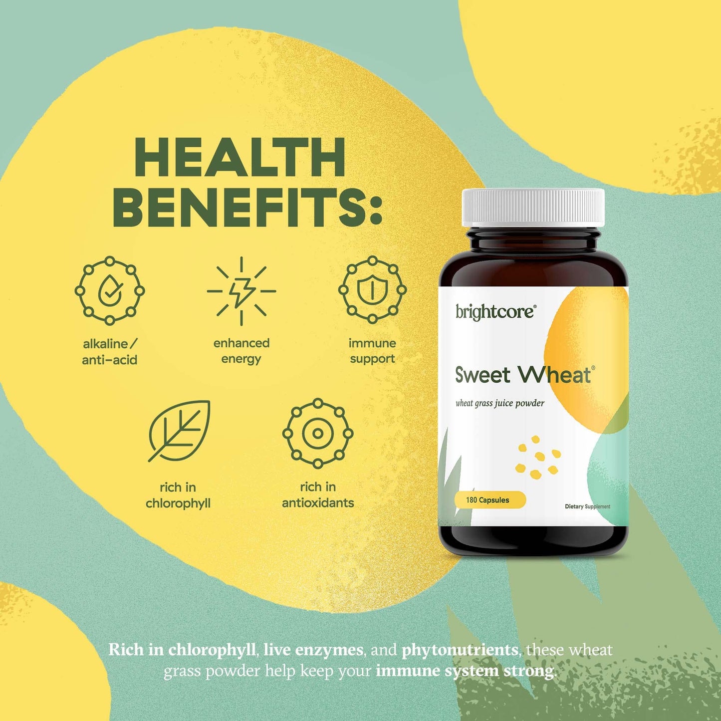 Brightcore Sweet Wheat Wheatgrass Juice Powder Capsules, 180 Count
