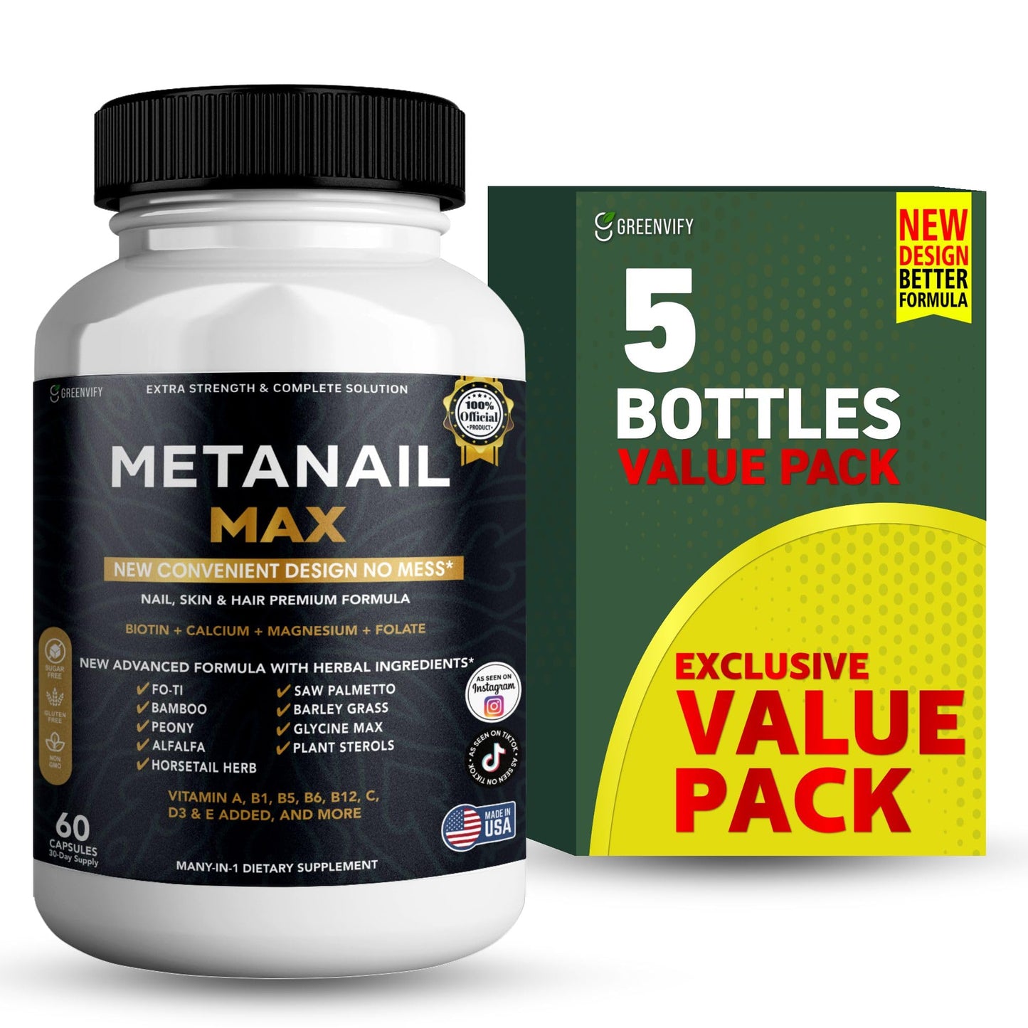 GREENVIFY Metanail Max Hair, Skin & Nail Supplement Capsules, Biotin 5000mcg, 300 Capsules
