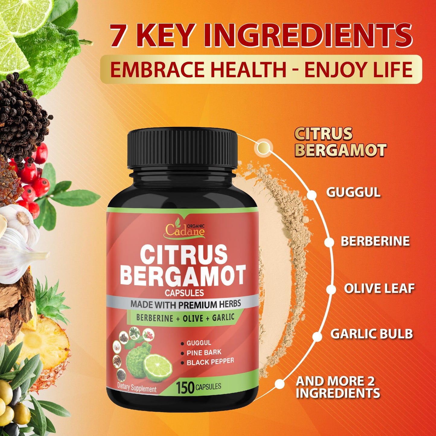 Organic Cadane Citrus Bergamot Supplement Capsules 150 Count