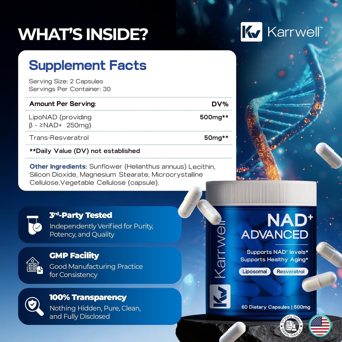 Karrwell Liposomal NAD+ Supplement 500mg with Resveratrol Capsules, 60 Count