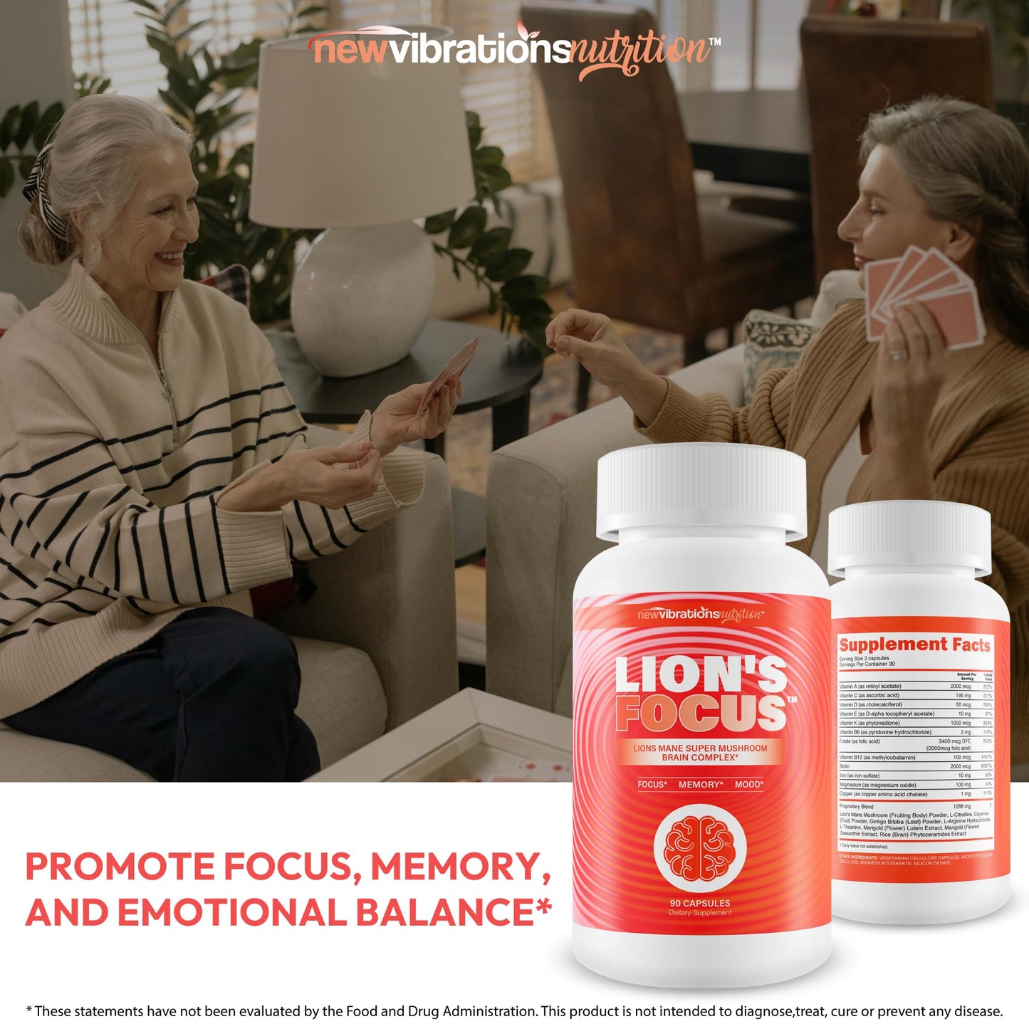New Vibrations Nutrition Lions Mane Focus Mushroom Supplement Capsule, 90 Count