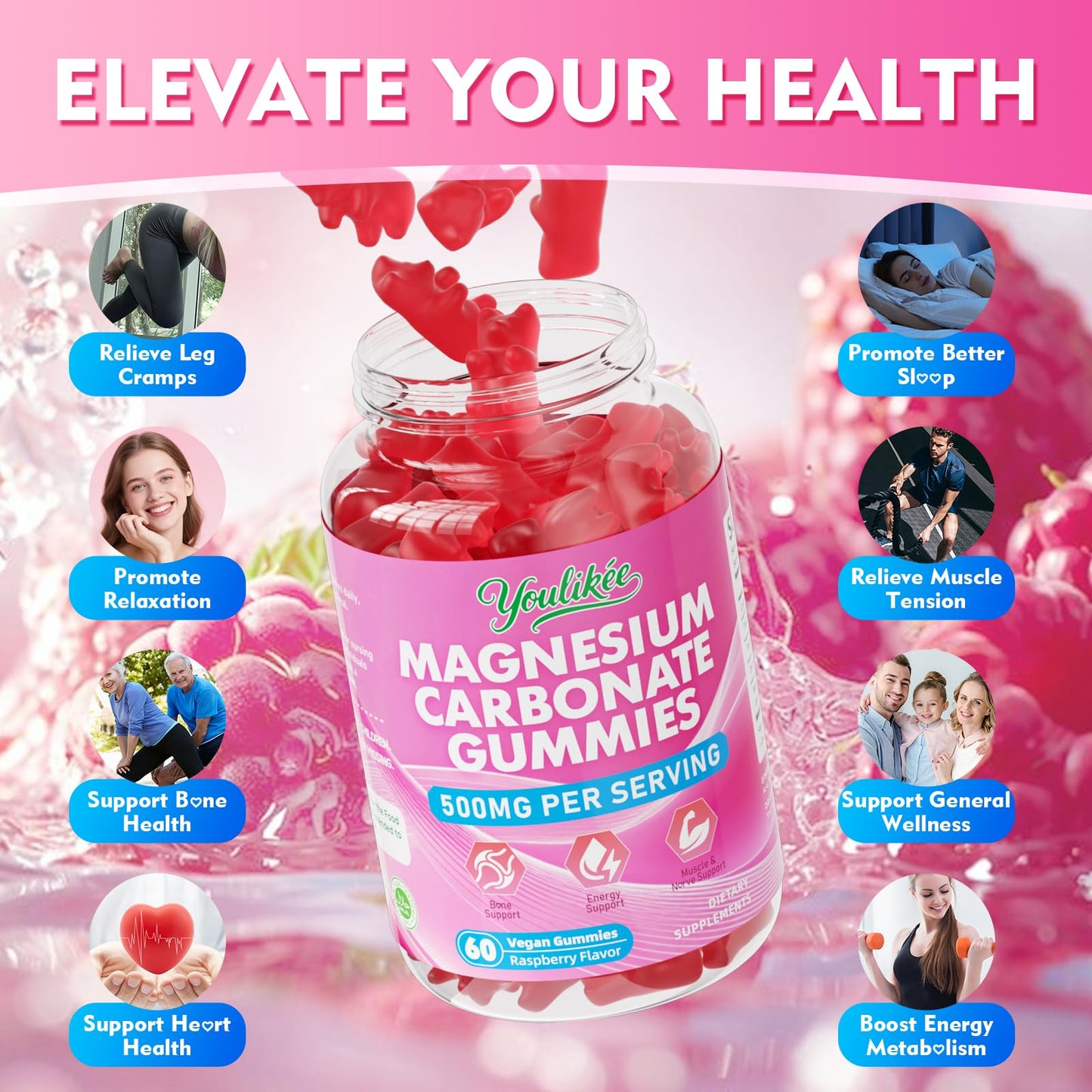 Youlikee Magnesium Carbonate 500mg Gummies, 60 Count