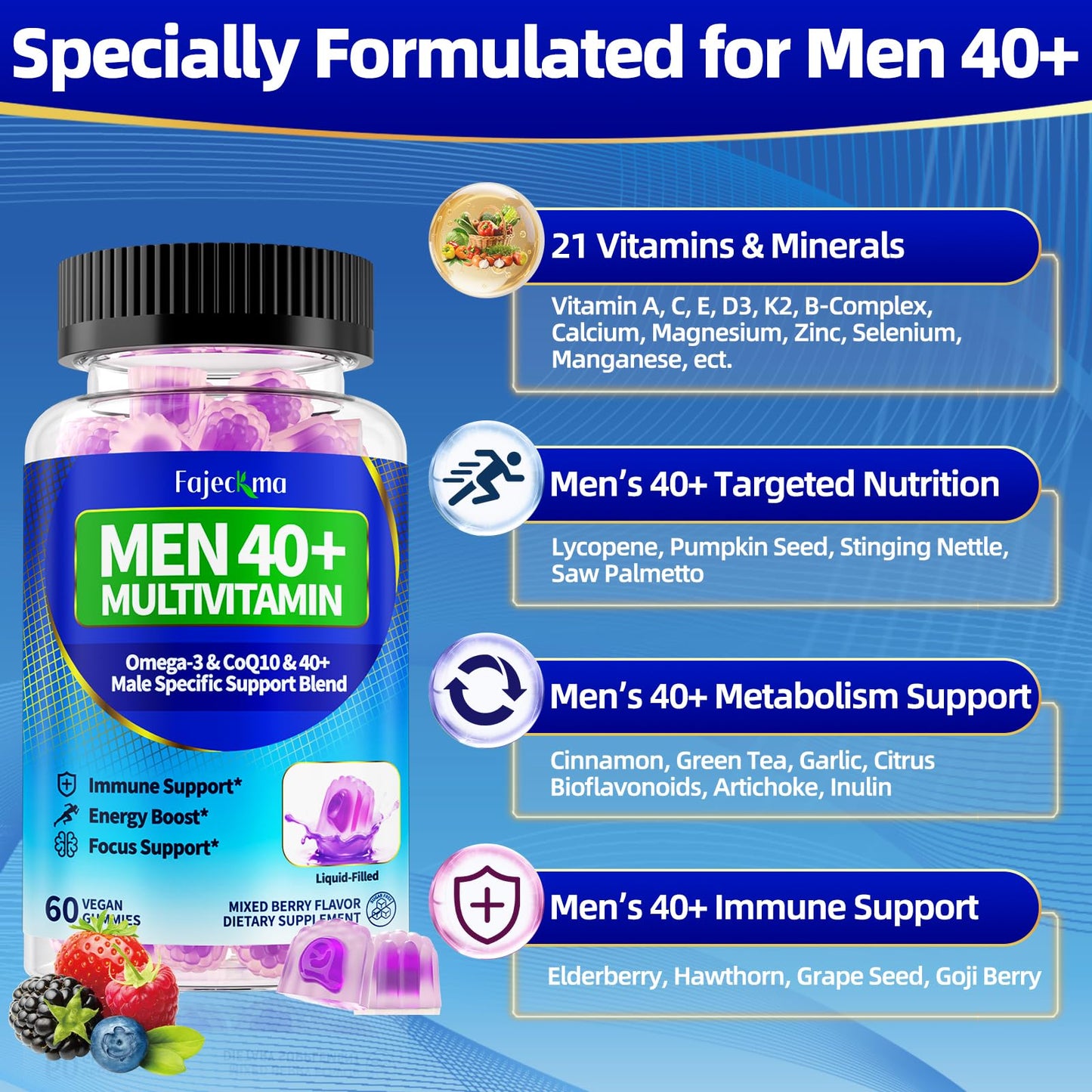 Fajeckma Mens Multivitamins for 40 Plus Gummies 120 Count