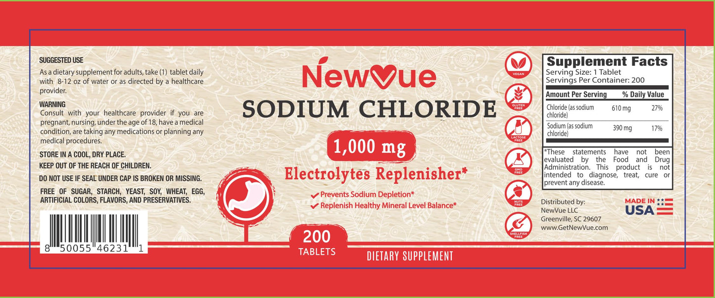 NewVue Sodium Chloride 1000mg Tablets, 200 Count