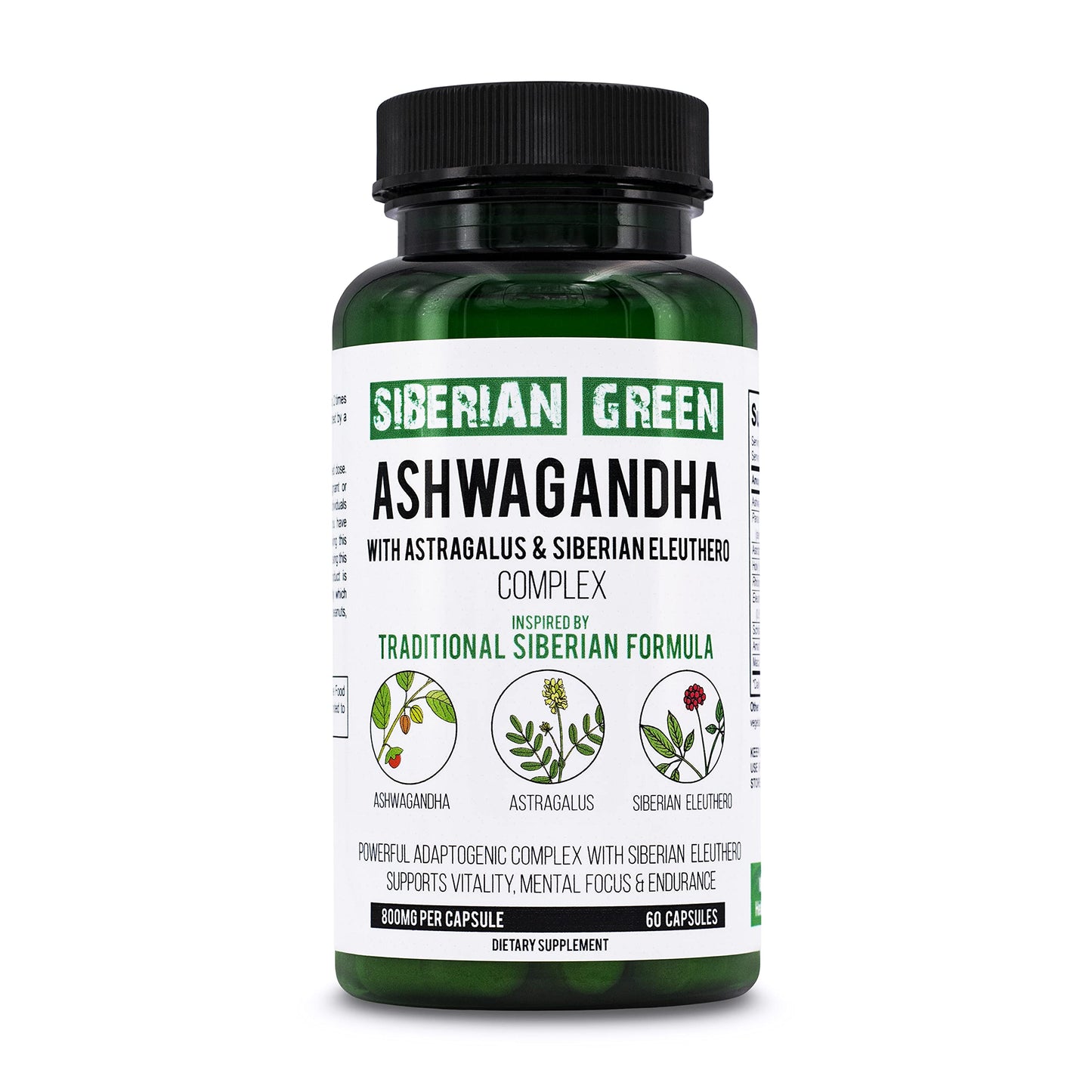 Siberian Green Organic Ashwagandha Root with Astragalus & Siberian Eleuthero Ginseng Complex Capsules, 60 Count