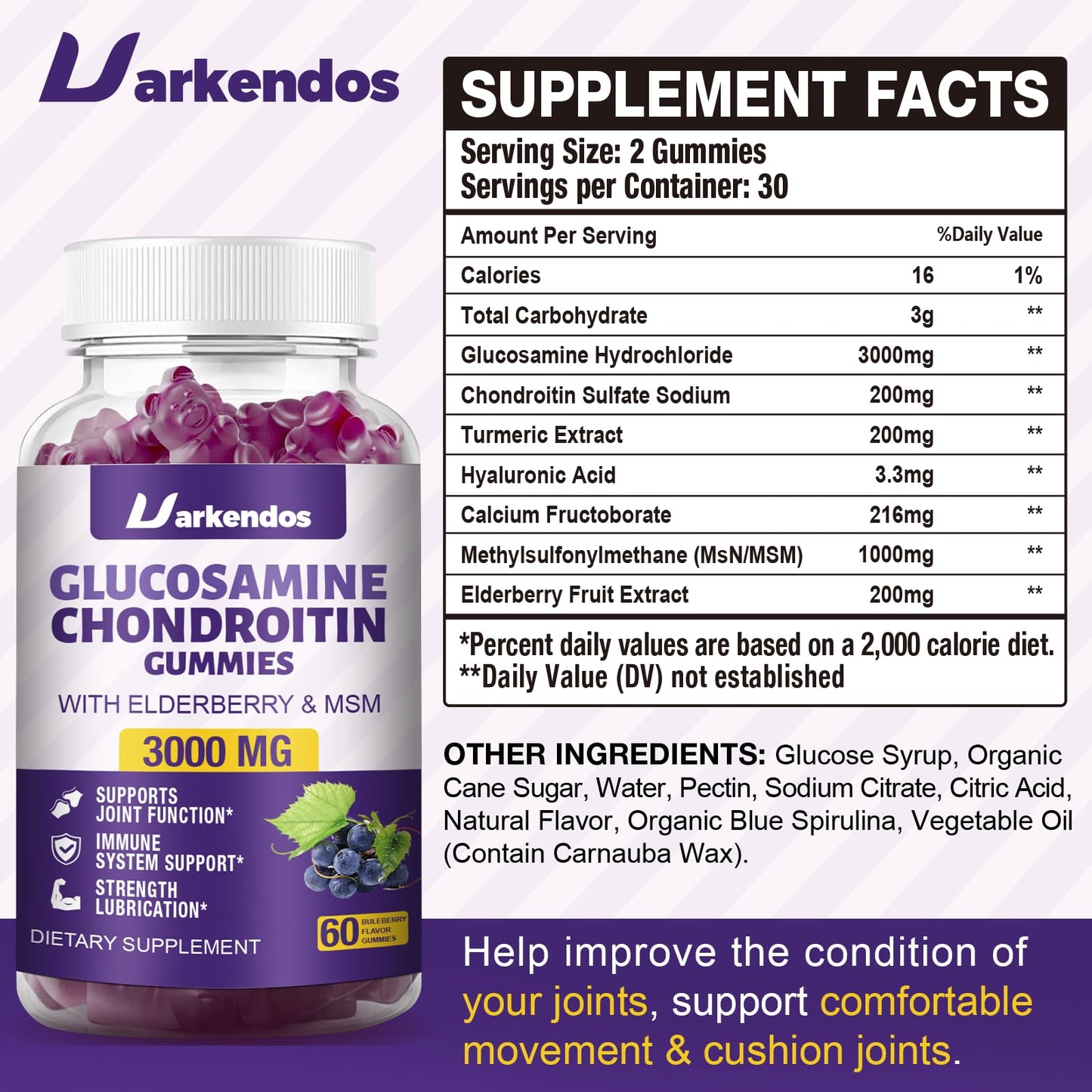 Uarkendos Glucosamine Chondroitin with MSM & Elderberry Gummies, 120 Count