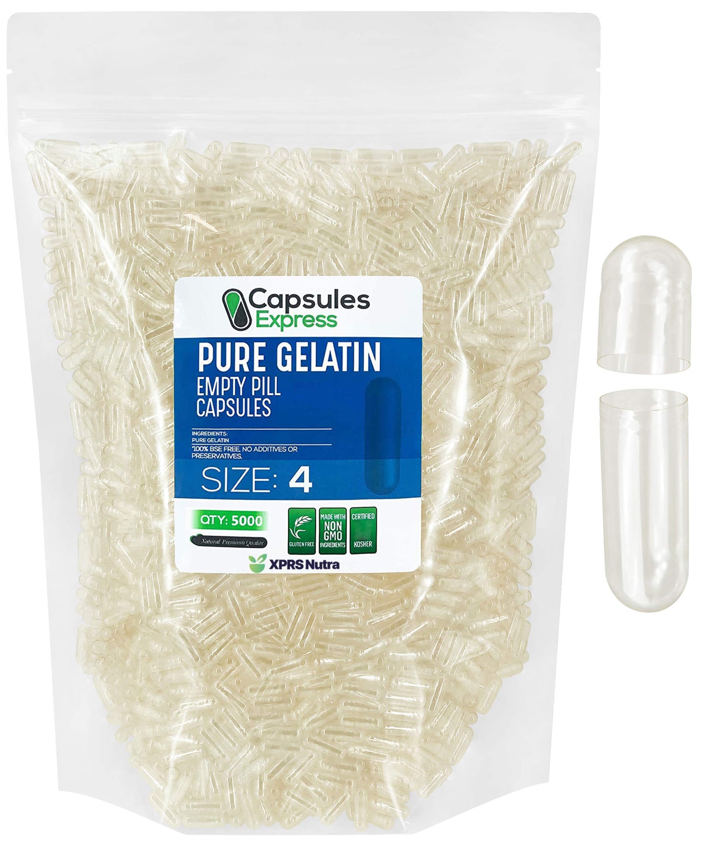 XPRS Nutra Size 4 Empty Gelatin Capsules, 5000 Count, Clear