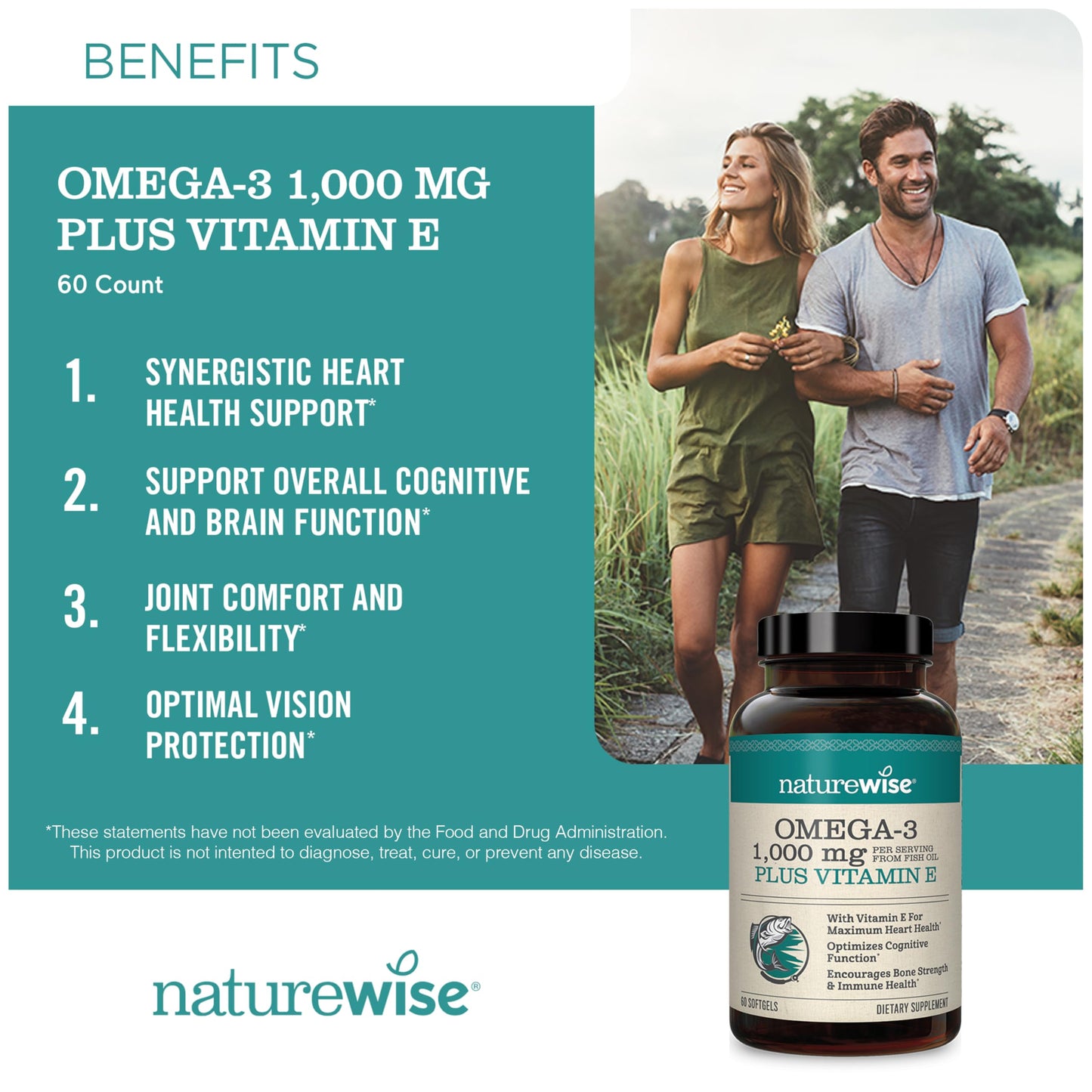 NatureWise Omega-3 High-Potency 1000mg with 600mg EPA, 400mg DHA, Vitamin E & Vitamin D3 5000IU (125 mcg) Softgels 60 Count