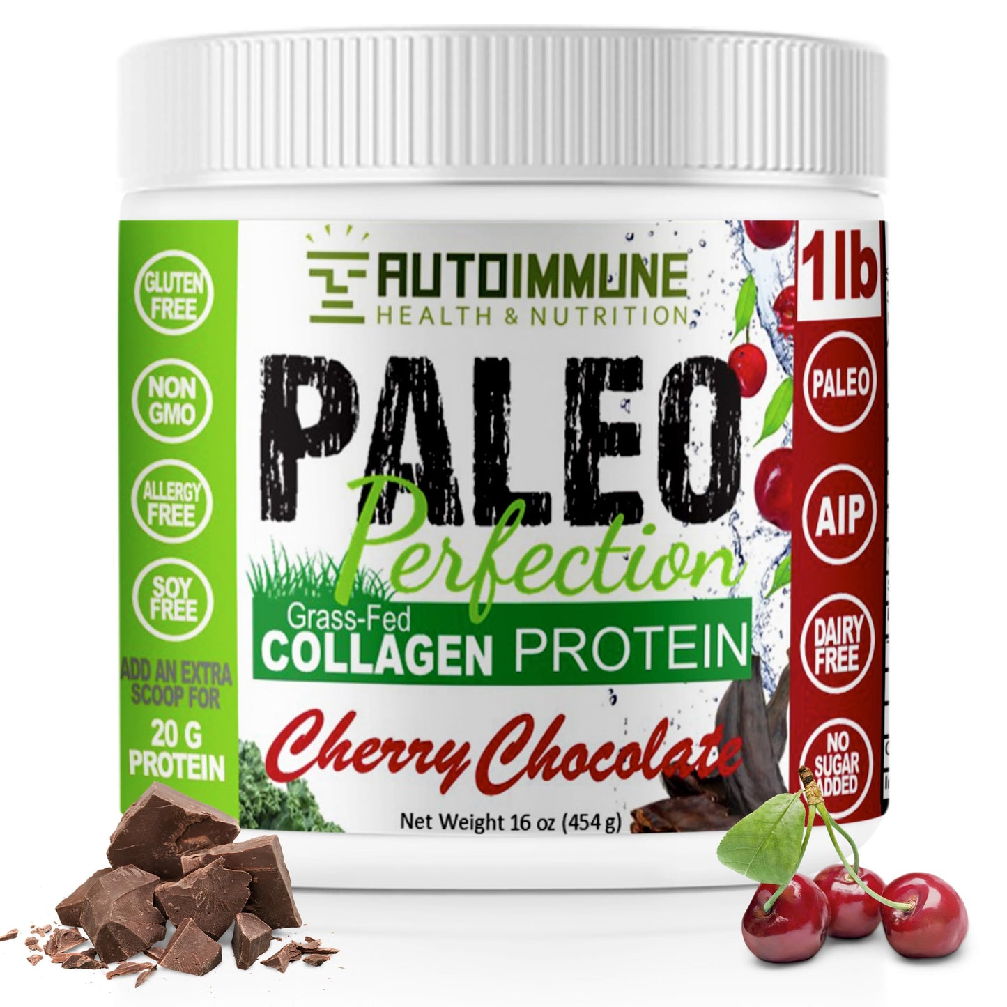 Autoimmune Health & Nutrition Paleo Perfection Cherry Chocolate Grass Fed Beef Collagen Protein Powder with Stevia, 16 oz