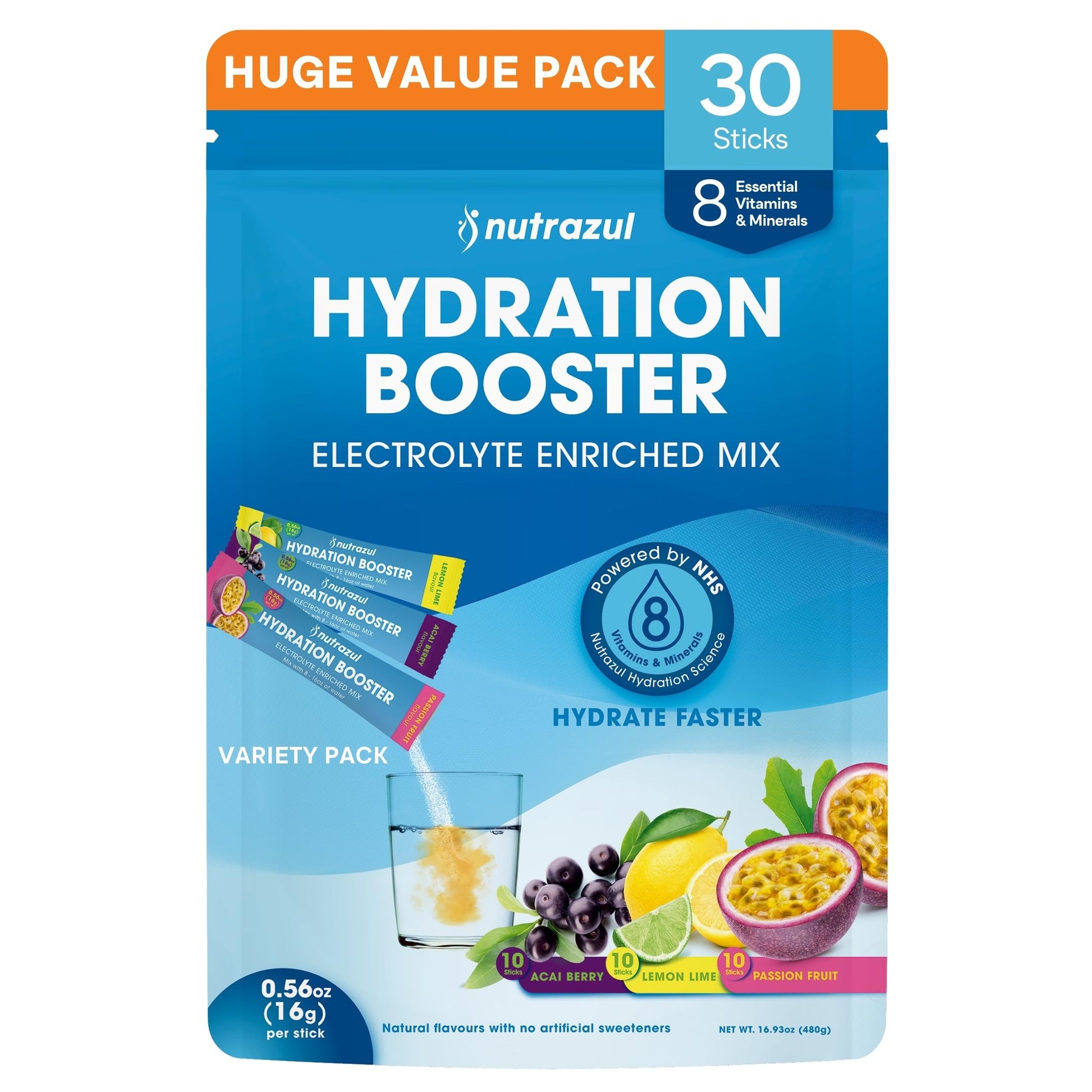 Nutrazul Hydration Booster Electrolytes (Powder Sticks) with Sodium, Potassium, Vitamin B6 & B12, No Artificial Sweeteners, Acai Berry, Lemon Lime & Passion Fruit Flavor, 30 Sticks