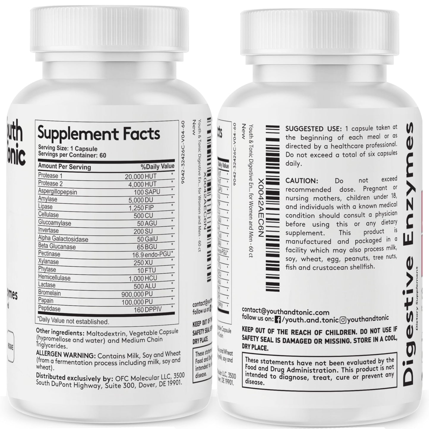 Youth & Tonic Digestive Enzymes with Amylase, Bromelain, Lipase, Lactase, Protease, Papain 60 Capsules