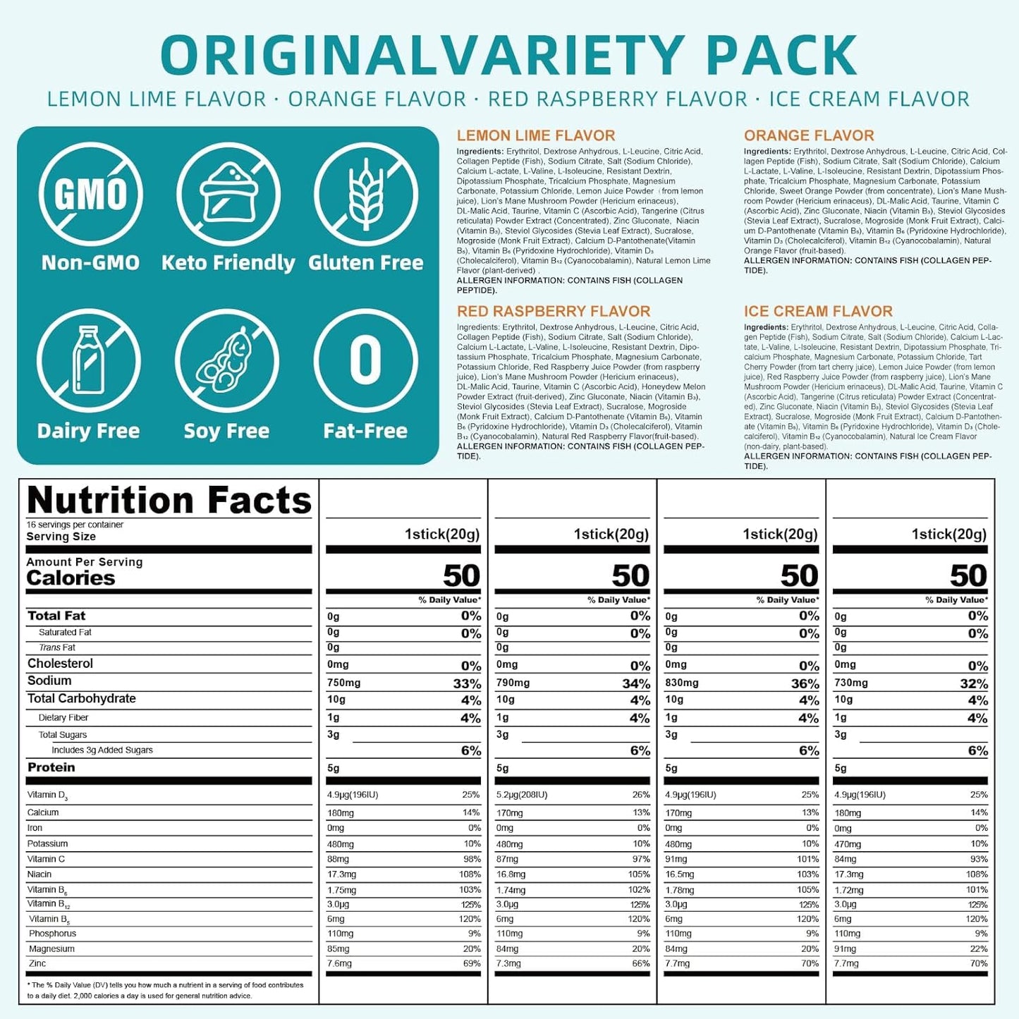 Dujosoo Electrolyte Powder, Sugar-Free Variety Flavors, Orange, Lemon, Raspberry, Ice Cream, 7 Electrolytes, 6 Vitamins, Lion's Mane, Collagen, BCAA, Vegan, Non-GMO, 11.36 oz