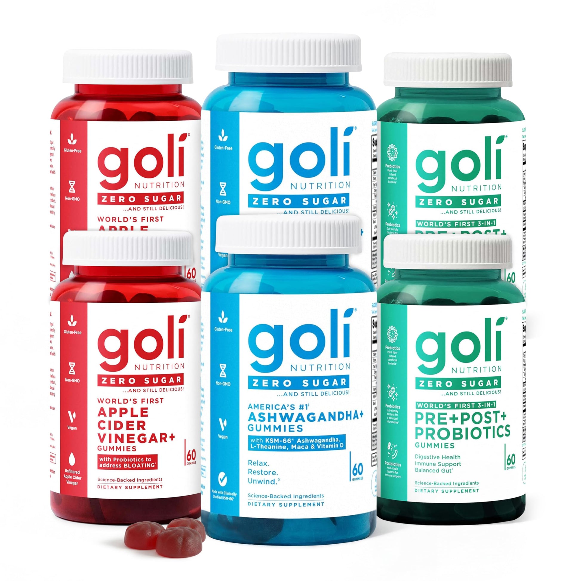 Goli Zero Sugar 6 Pack Bundle Apple Cider Vinegar Gummies with Vitamin B12, Probiotics, Vitamin D, Ashwagandha & L-Theanine, 360 Count