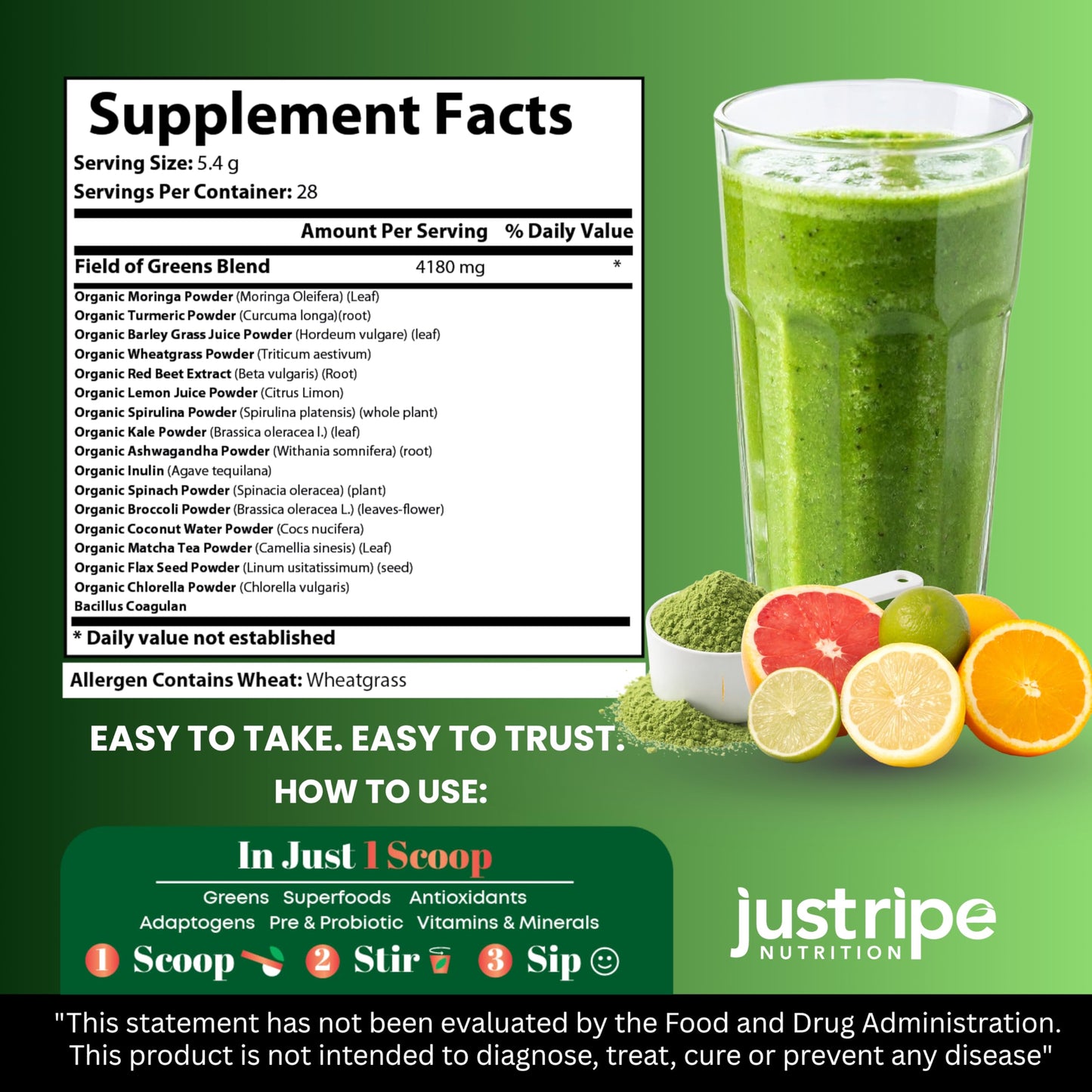 Just Ripe Nutrition Field of Greens Superfood Powder with Organic Spirulina, Chlorella, Beet Root Powder, Bacillus Coagulans Probiotic, Plant-Based Gut Health and Immunity Support, 5.3 Ounces