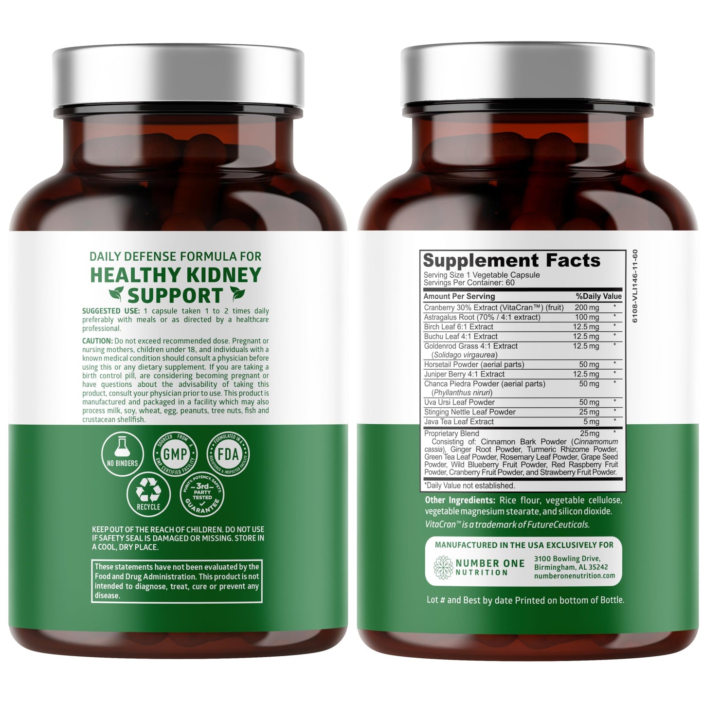 Number One Nutrition Kidney Support 21 Herbs with Cranberry Astragalus Uva Ursi, 60 Capsules