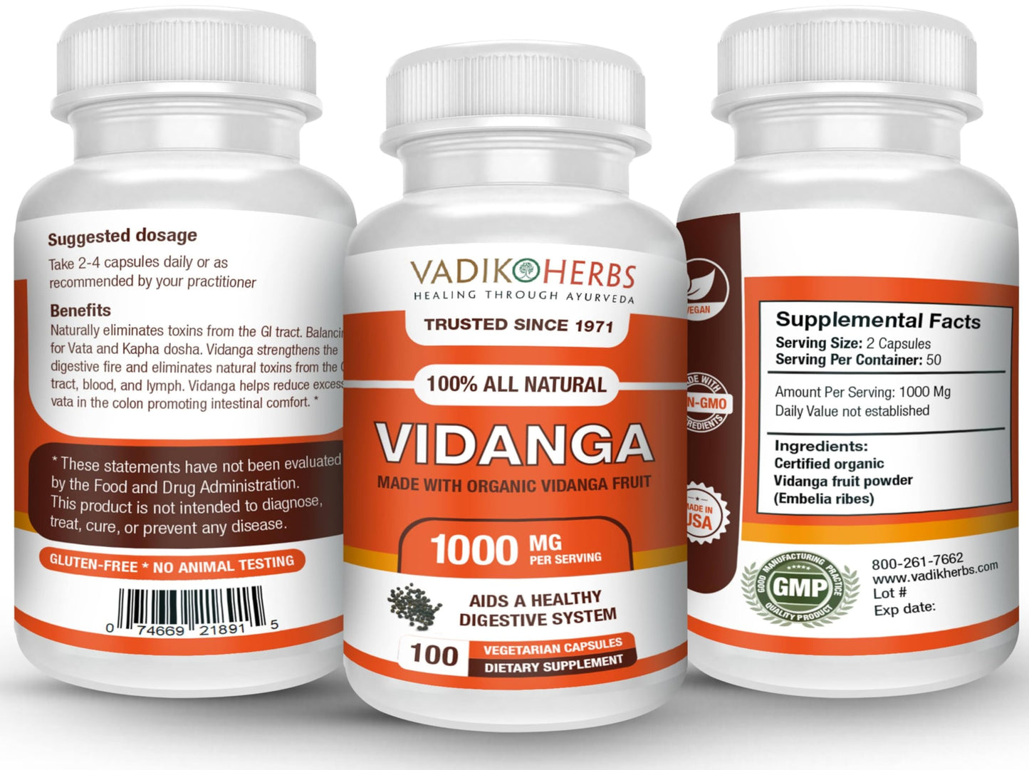 Vadik Herbs Certified Organic Vidanga (Embelia Ribes) Capsule, 100 Count