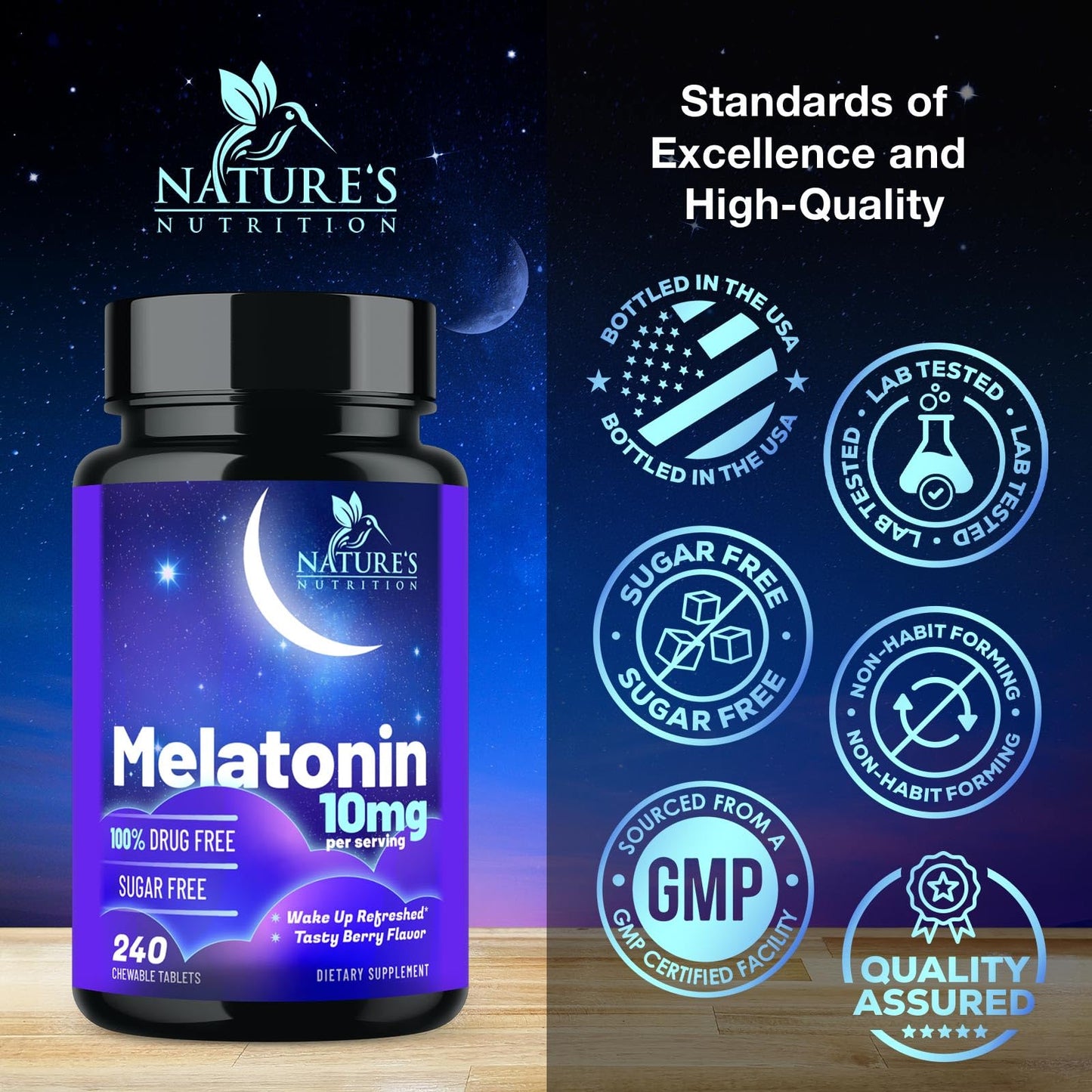 Nature's Nutrition Melatonin Sleep Supplement 10mg Maximum Strength Tablet, 240 Count