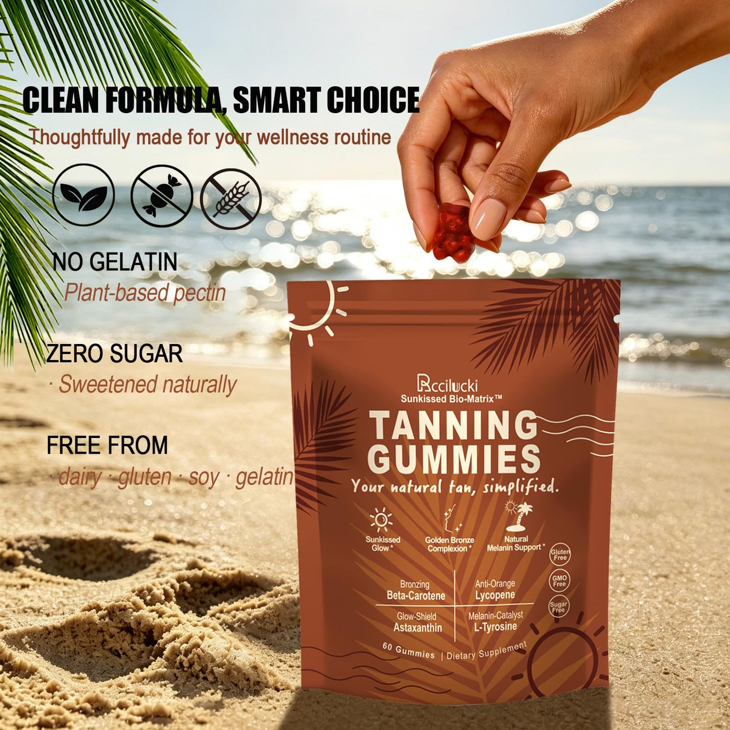 Rccilucki Tanning Gummies with L-Tyrosine & Astaxanthin, Beta Carotene & Lycopene for Natural Golden Glow, Watermelon Flavor, 60 Gummies