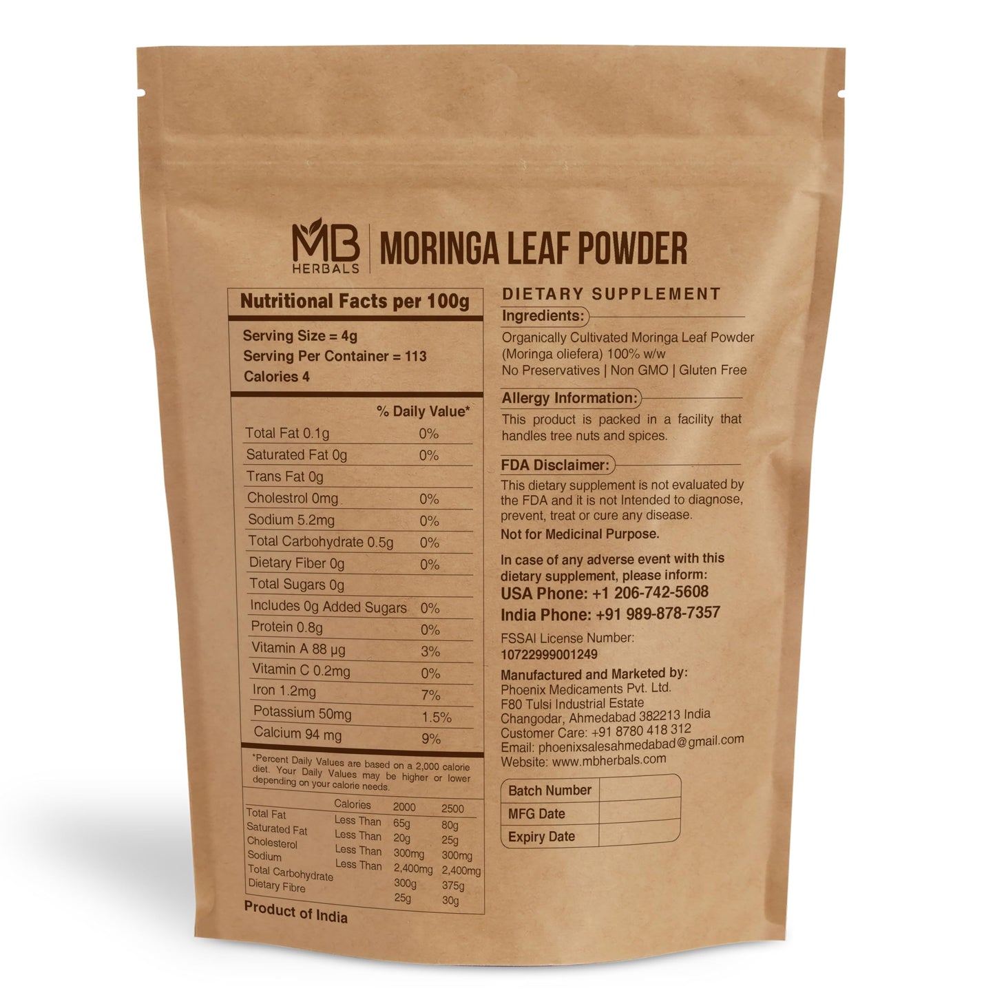 MB Herbals Moringa Leaf Powder 16 oz