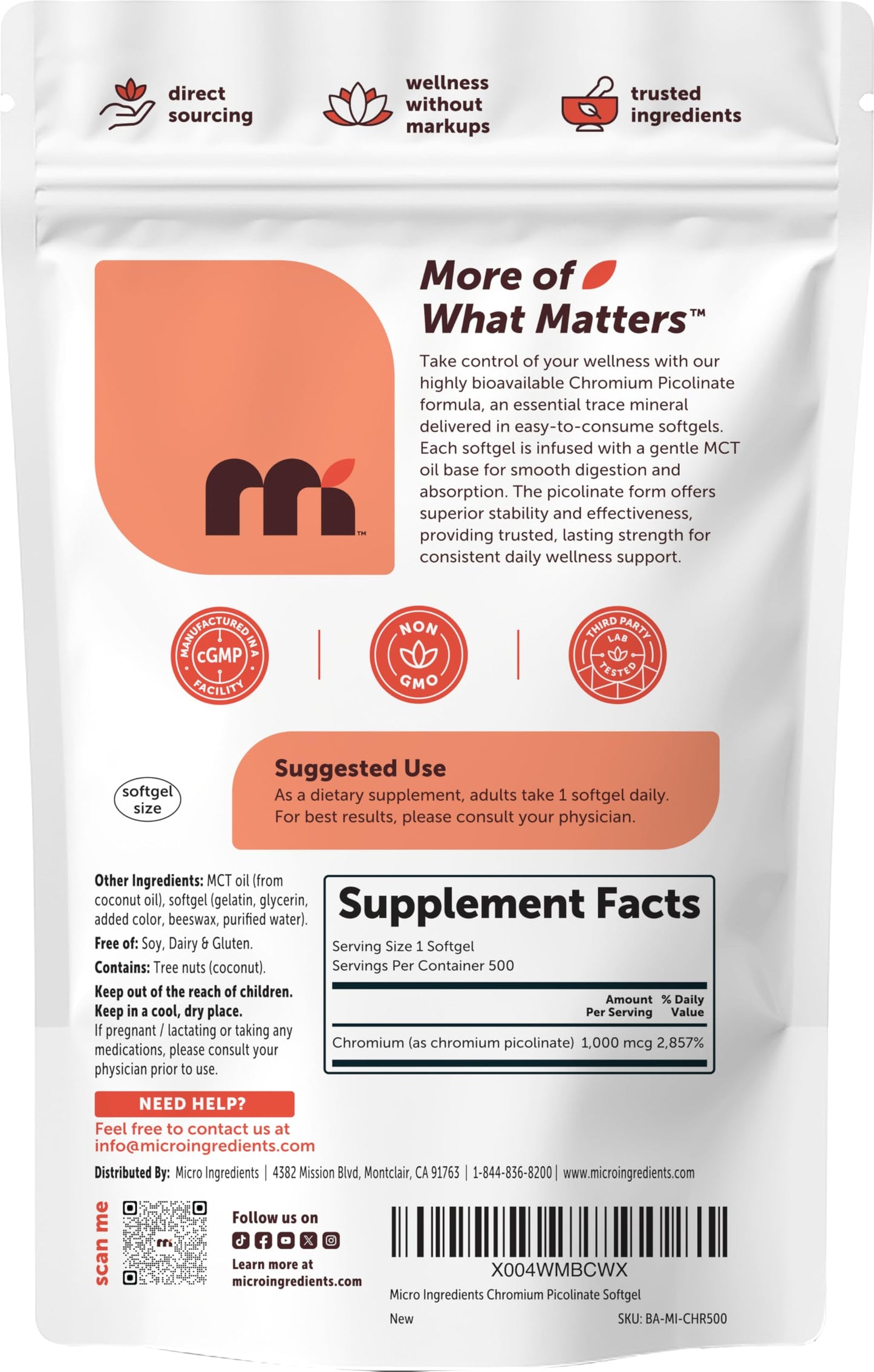 Micro Ingredients Chromium Picolinate 1,000 mcg Per Serving Softgels, 500 Count