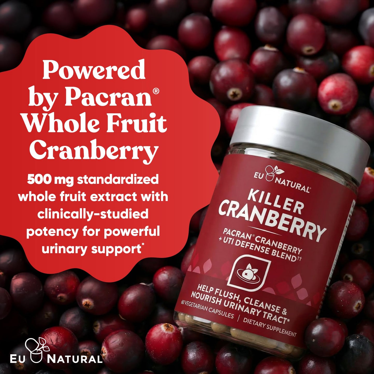 Eu Natural 10-In-1 Killer Cranberry Pills for Women - UTI Defense Blend with Pacran Cranberry - 10 Ingredient Urinary Tract Supplement - Turmeric, Milk Thistle, Dandelion, Ginger & More, 60 Capsules