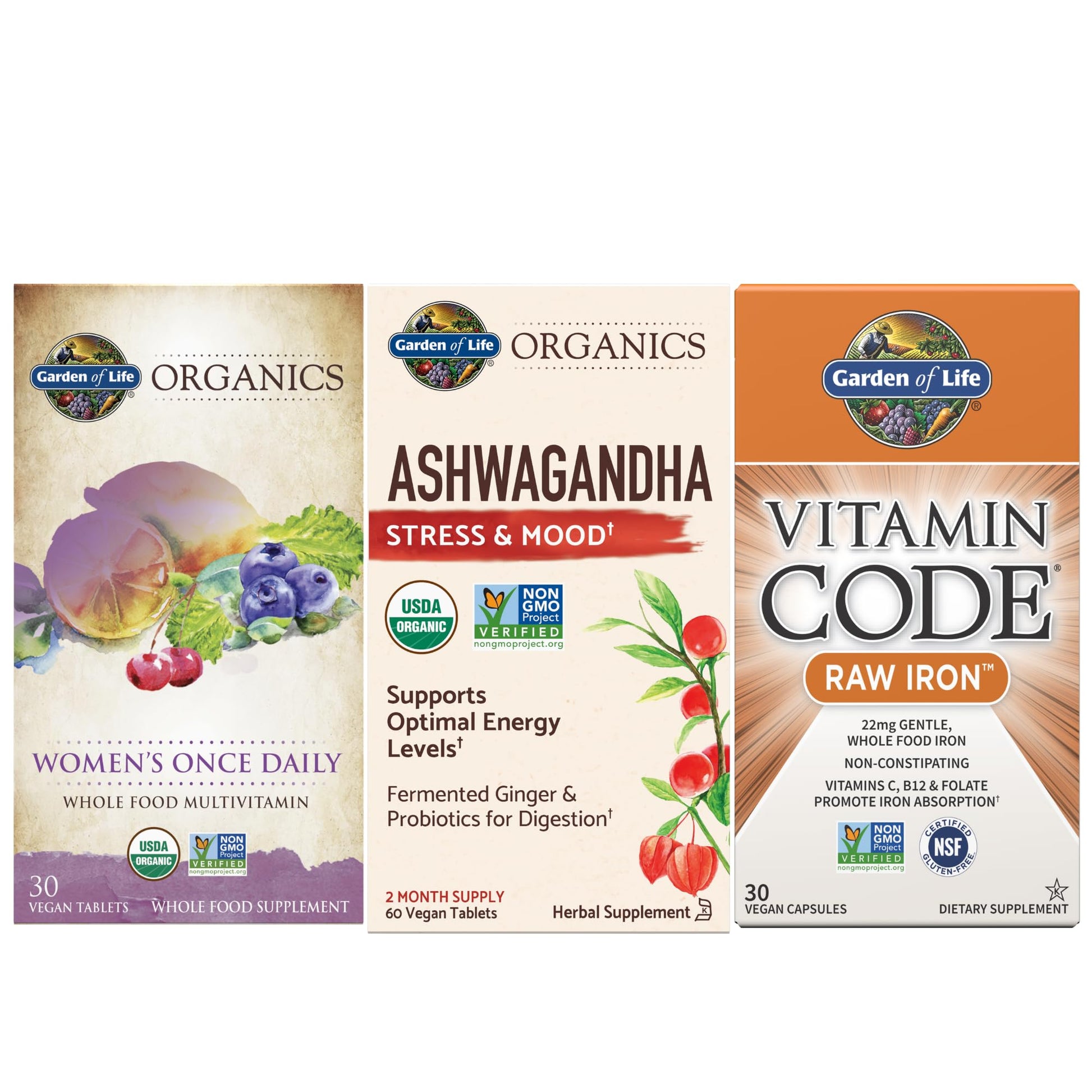 Garden of Life Women's Bundle: Organics Once Daily Multivitamin Tablets, Vitamin Code Raw Iron 22mg Capsules, Organic Ashwagandha with Probiotics & Ginger Tablets & Capsules, 120