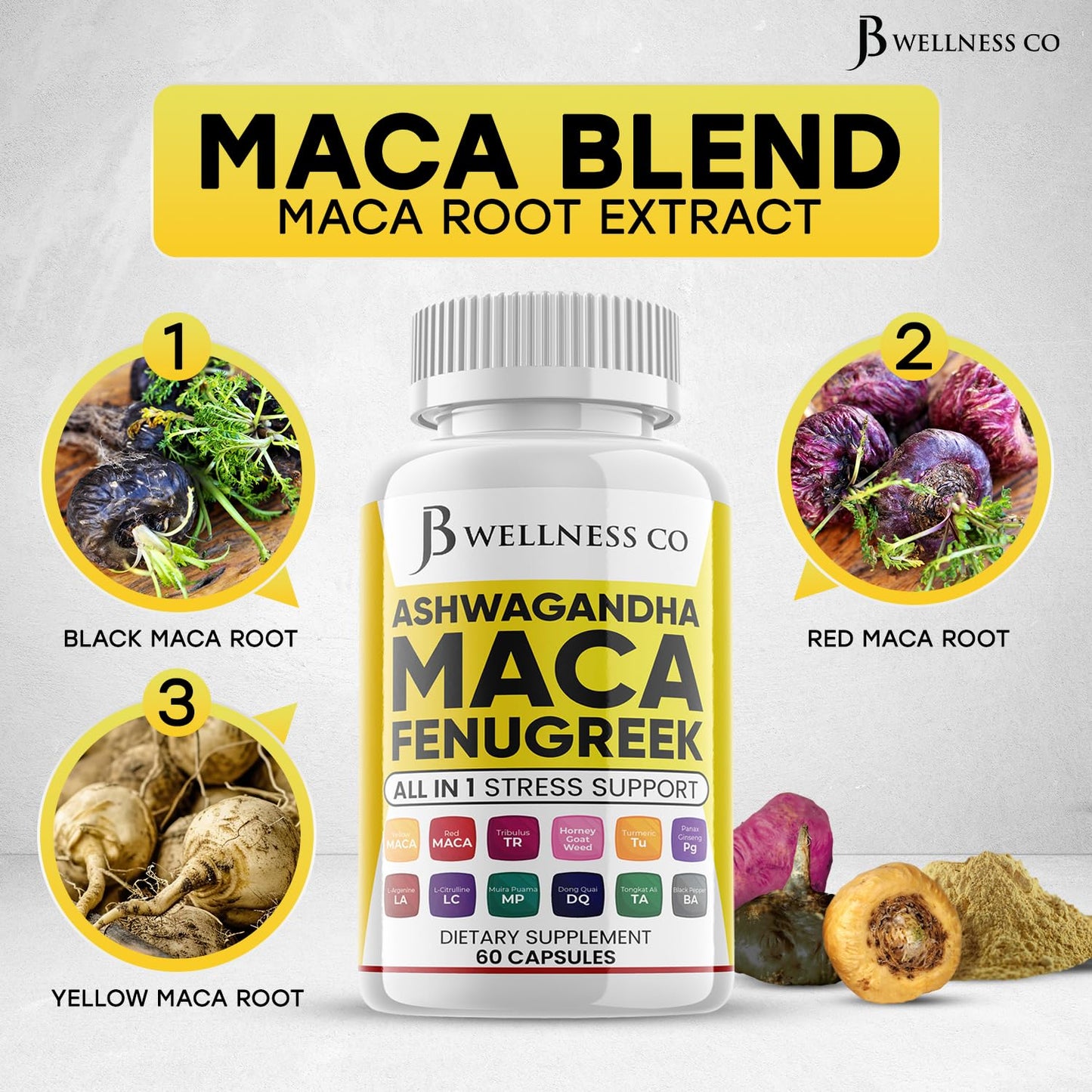 JB Wellness Co Ashwagandha Maca Root, Fenugreek Supplement with Tongkat Ali Ginseng Capsule 60 Count