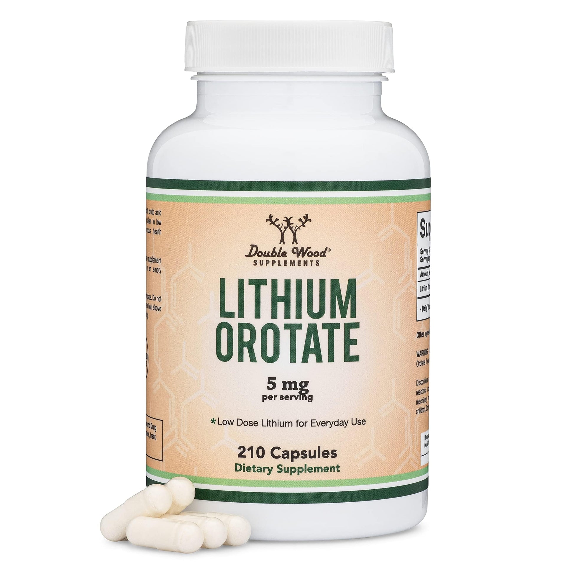 Double Wood Supplements Lithium Orotate 5mg Elemental Lithium for Cognition and Brain Health Capsules, 210