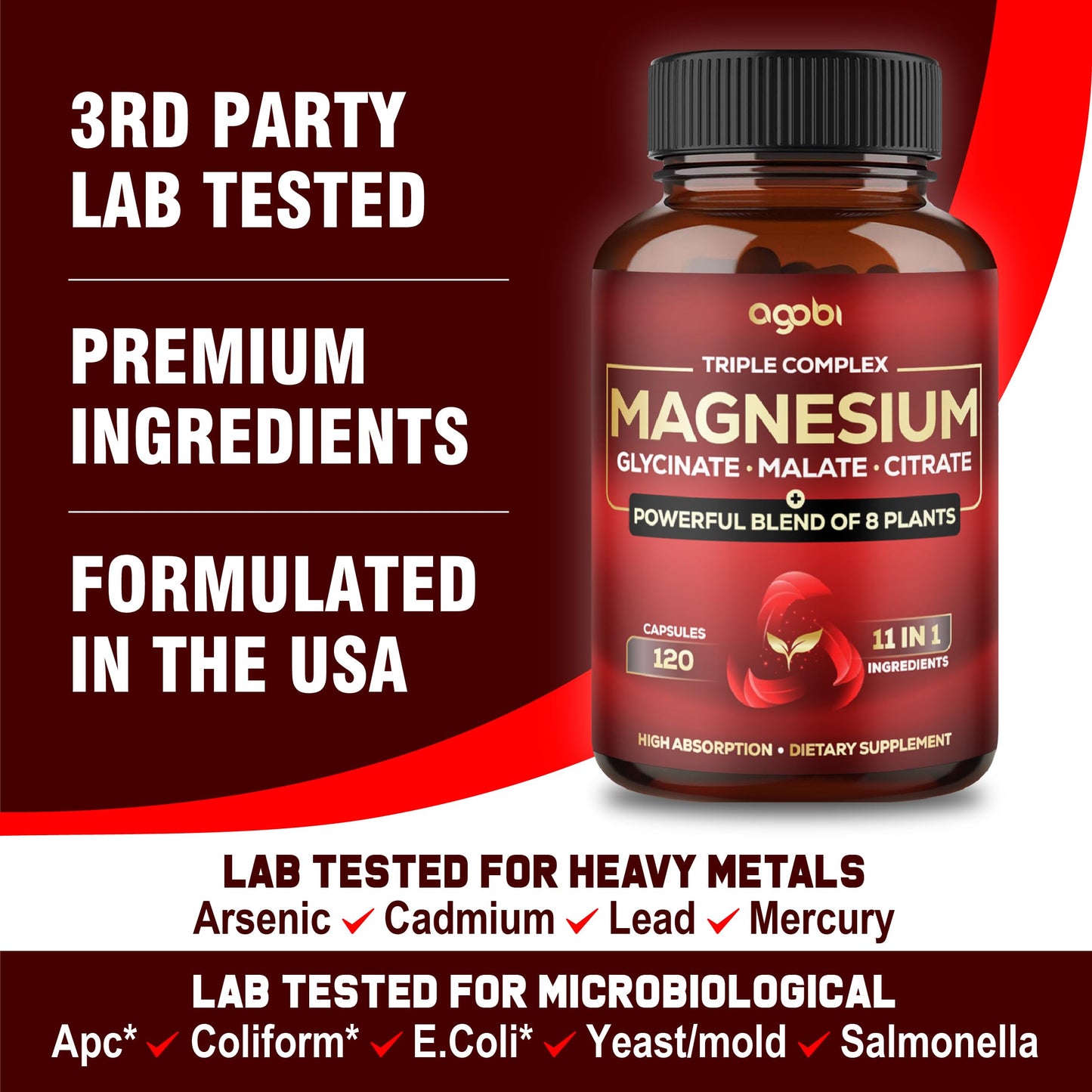 agobi Magnesium Triple Complex 600mg Magnesium Glycinate, Malate & Citrate - Added Spinach, Swiss Chard & Others - Support Calm, Restful Mood & Muscle Cramp 120 Capsules