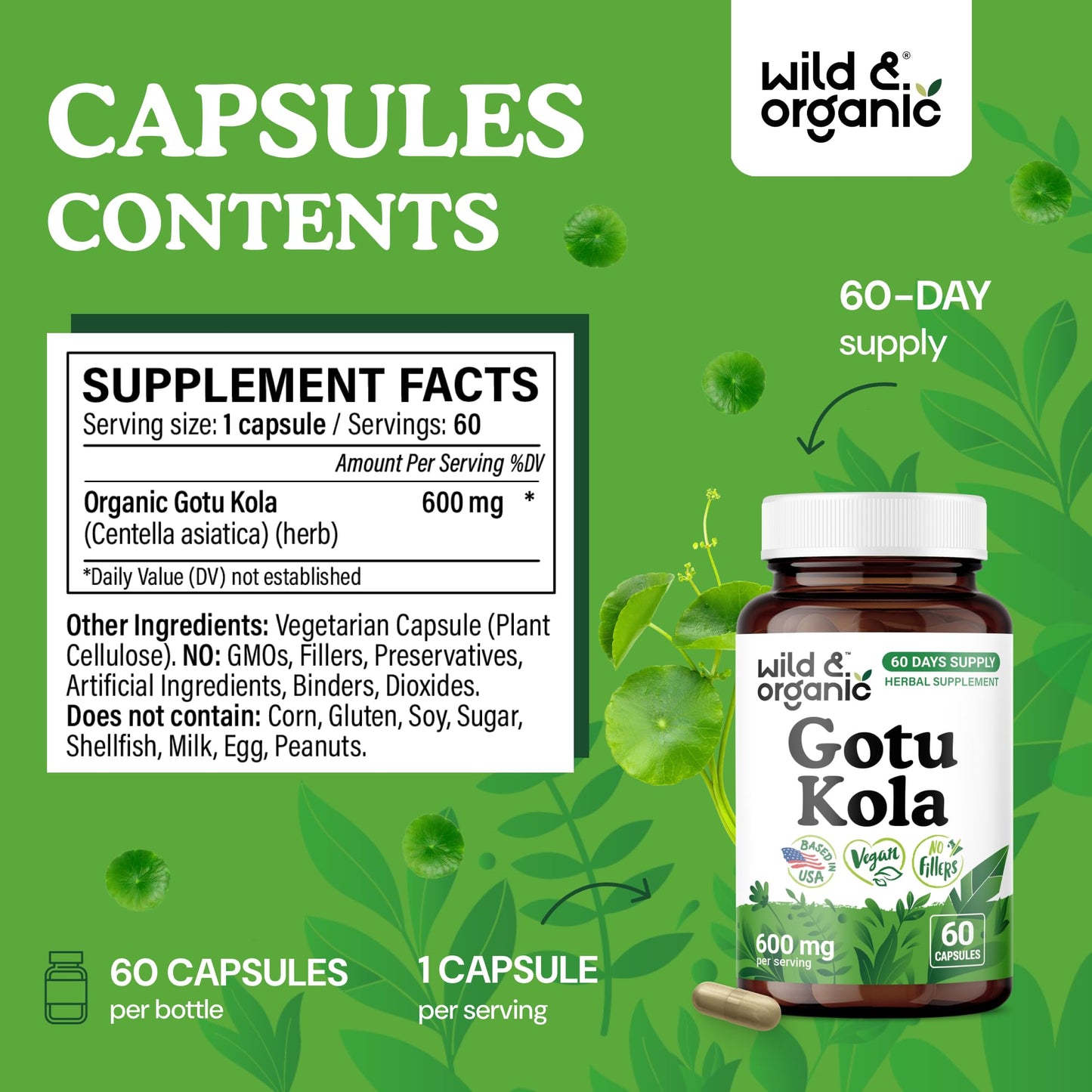 Wild & Organic Gotu Kola Capsules 600 mg 60 Count