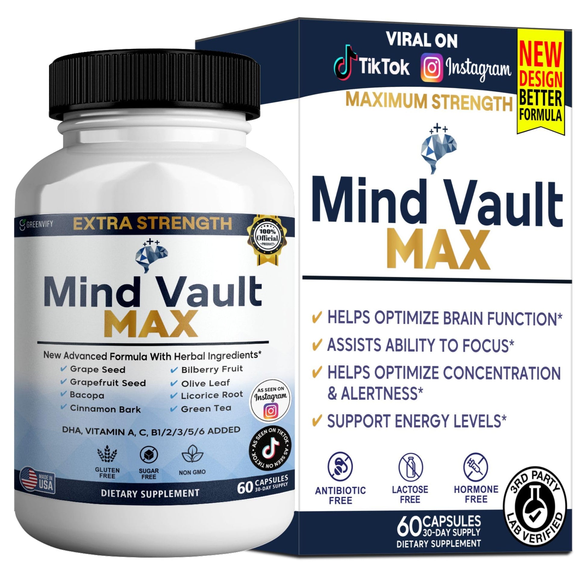 GREENVIFY Mind Vault Max Extra Strength Nootropic Supplement, 60 Capsules