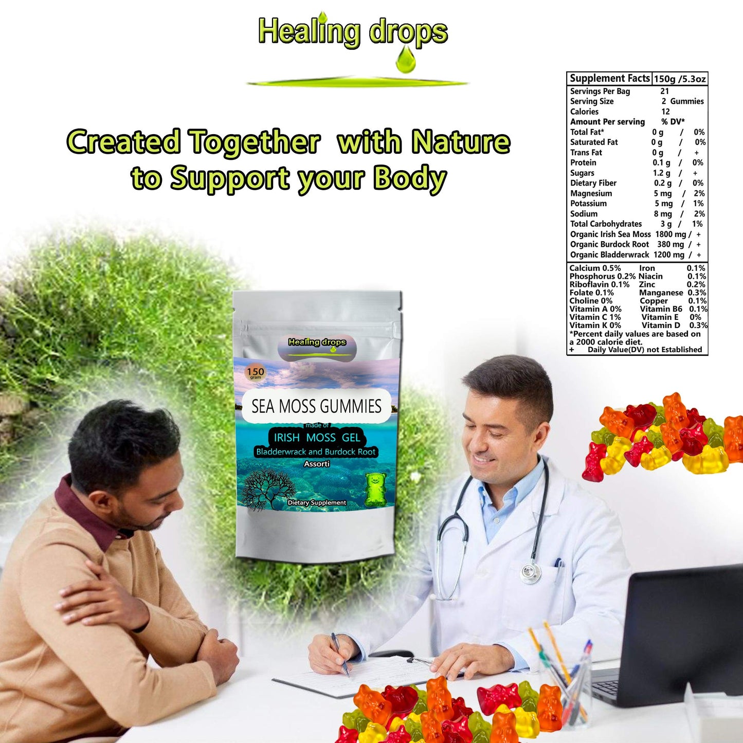 Healing Drops Sea Moss Gummies, Irish Sea Moss, Chewable, 50 Count