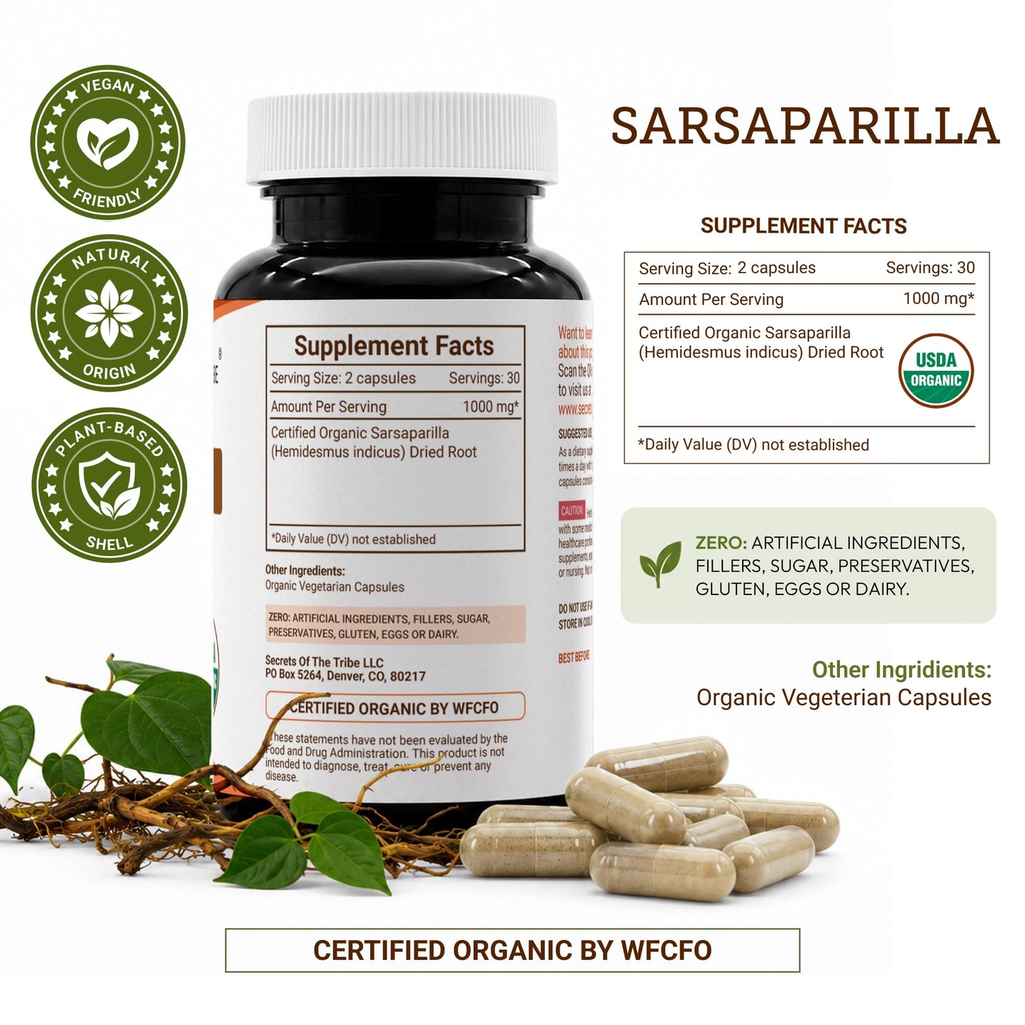 Secrets of the Tribe Organic Sarsaparilla 1000 mg Vegetable Capsules for Detox & Skin Health, 60 Capsules