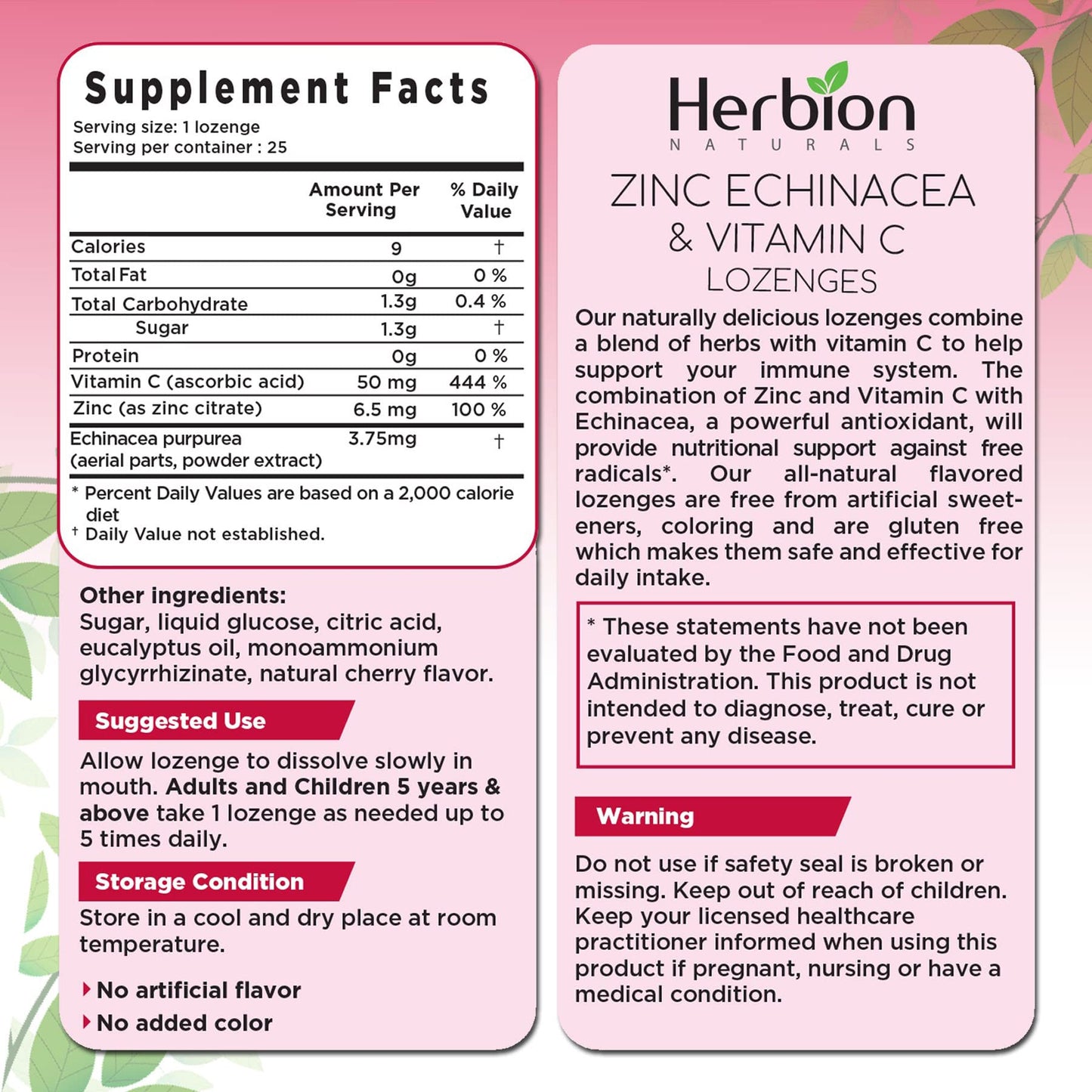 HERBION Naturals Zinc, Echinacea & Vitamin C Lozenges, 25 Count