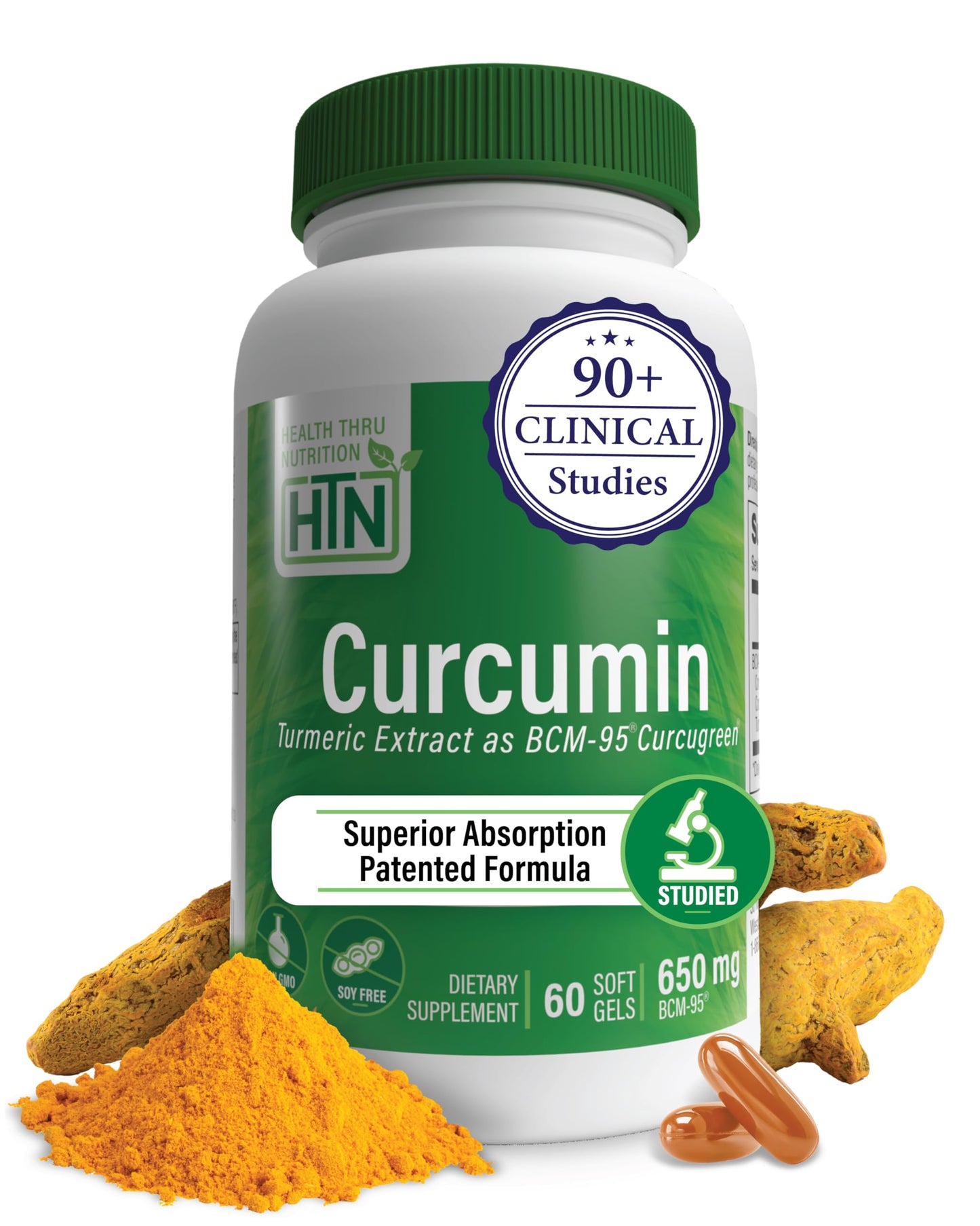 Health Thru Nutrition Curcumin 650mg BCM-95 Curcugreen Turmeric Curcumin Complex High Absorption Healthy Inflammation Response Clinically Studied 3rd Party Tested Non-GMO 60 Capsules