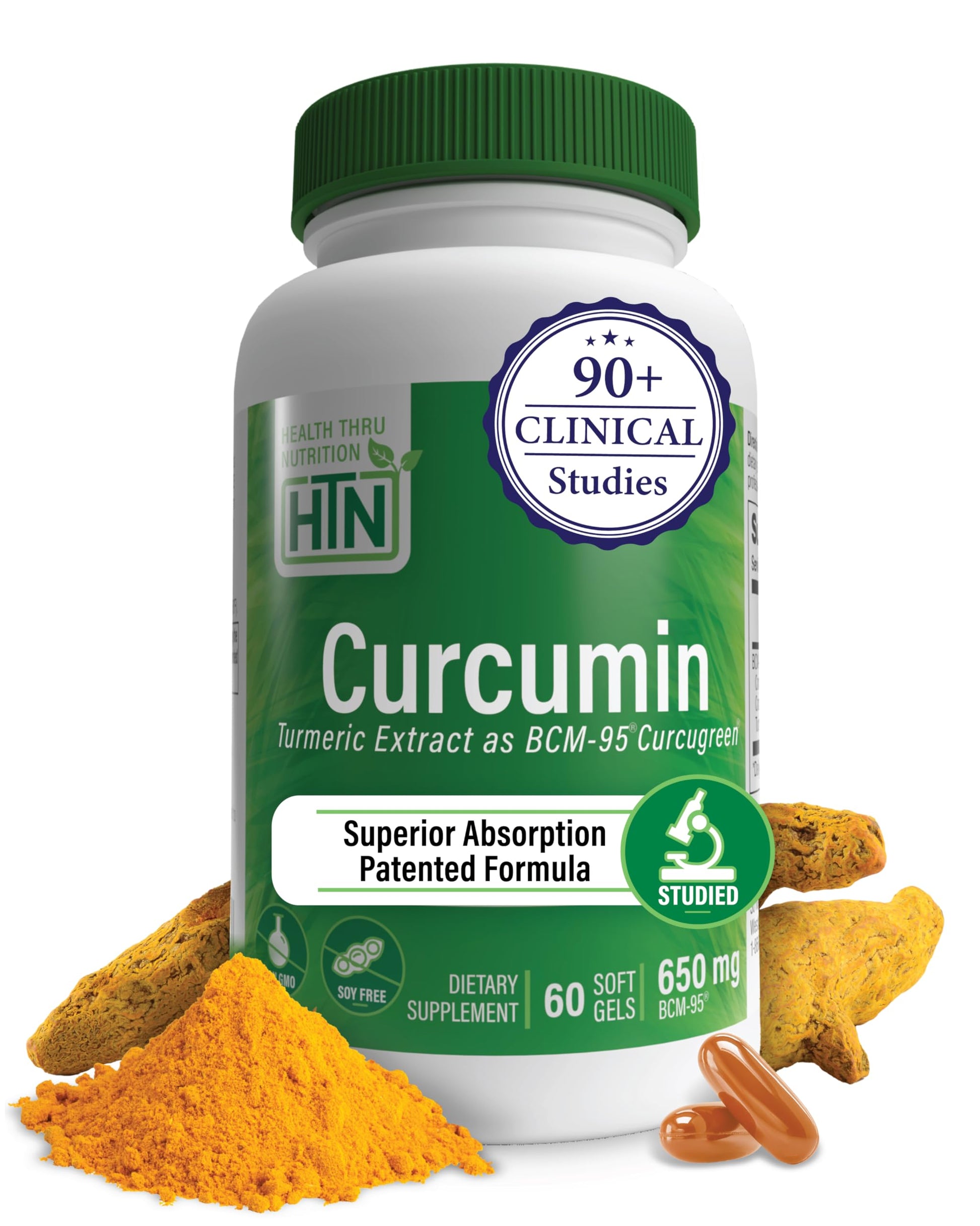 Health Thru Nutrition Curcumin 650mg BCM-95 Curcugreen Turmeric Curcumin Complex High Absorption Healthy Inflammation Response Clinically Studied 3rd Party Tested Non-GMO 60 Capsules