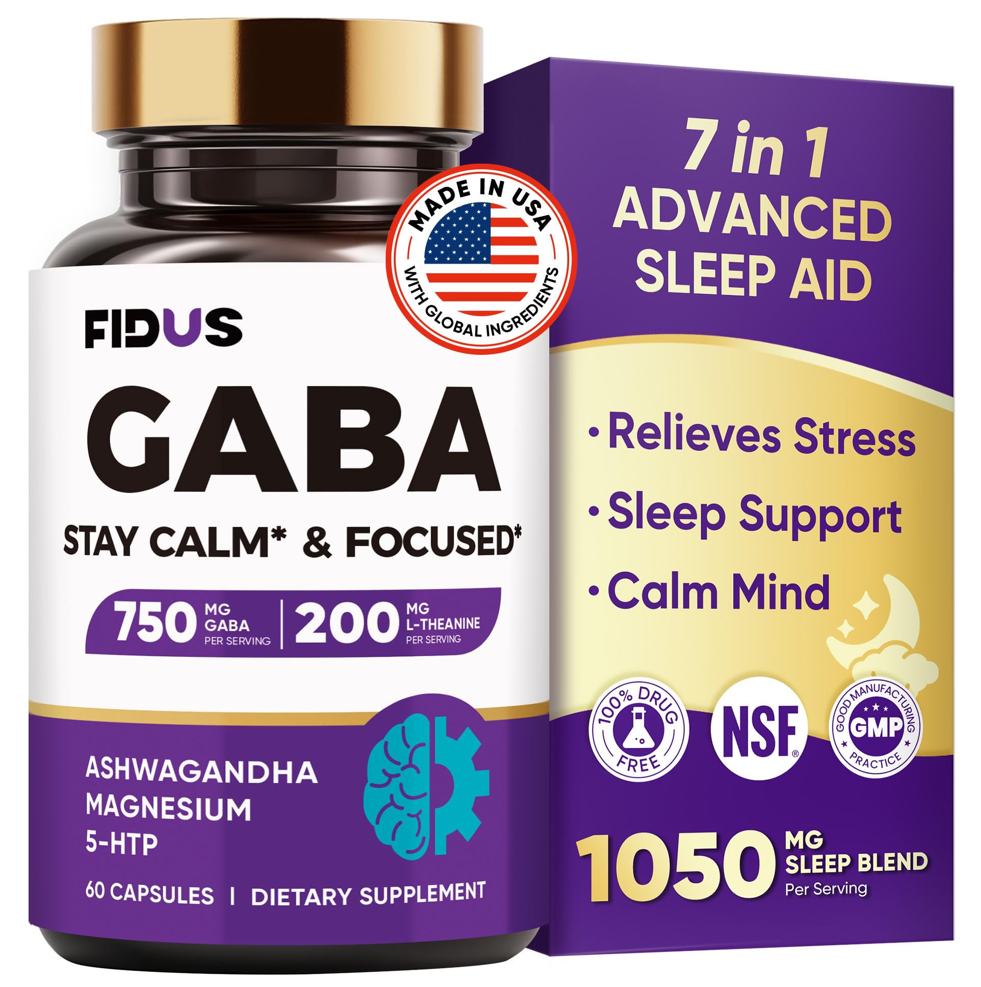Fidus GABA L-Theanine Ashwagandha 1050mg Sleep Aid Capsule, 60 Count