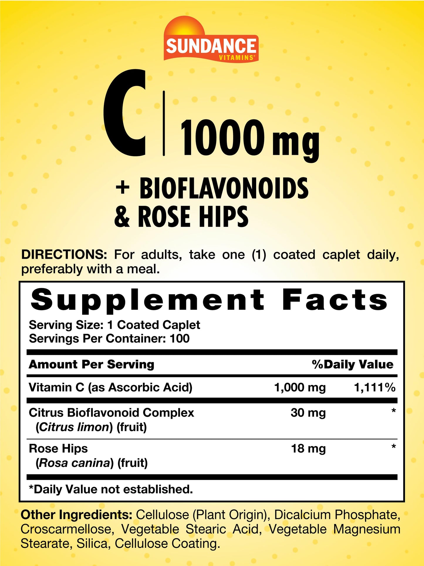 Sundance Vitamin C 1000mg with Rose Hips & Bioflavonoids Caplets, 100 Count