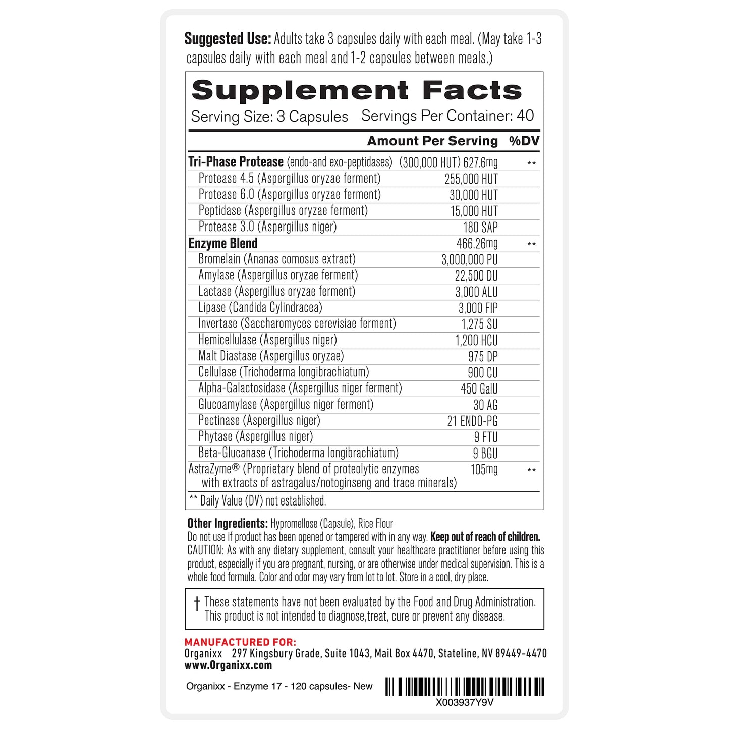 Organixx Enzyme 17 Essential Digestive Enzymes for Women & Men Capsule 120