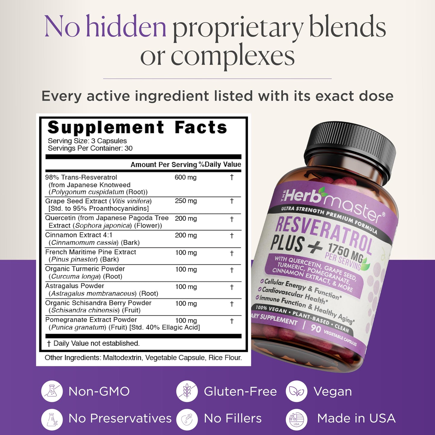 HERBMASTER Resveratrol Plus 1750mg Blend, 90 Capsules